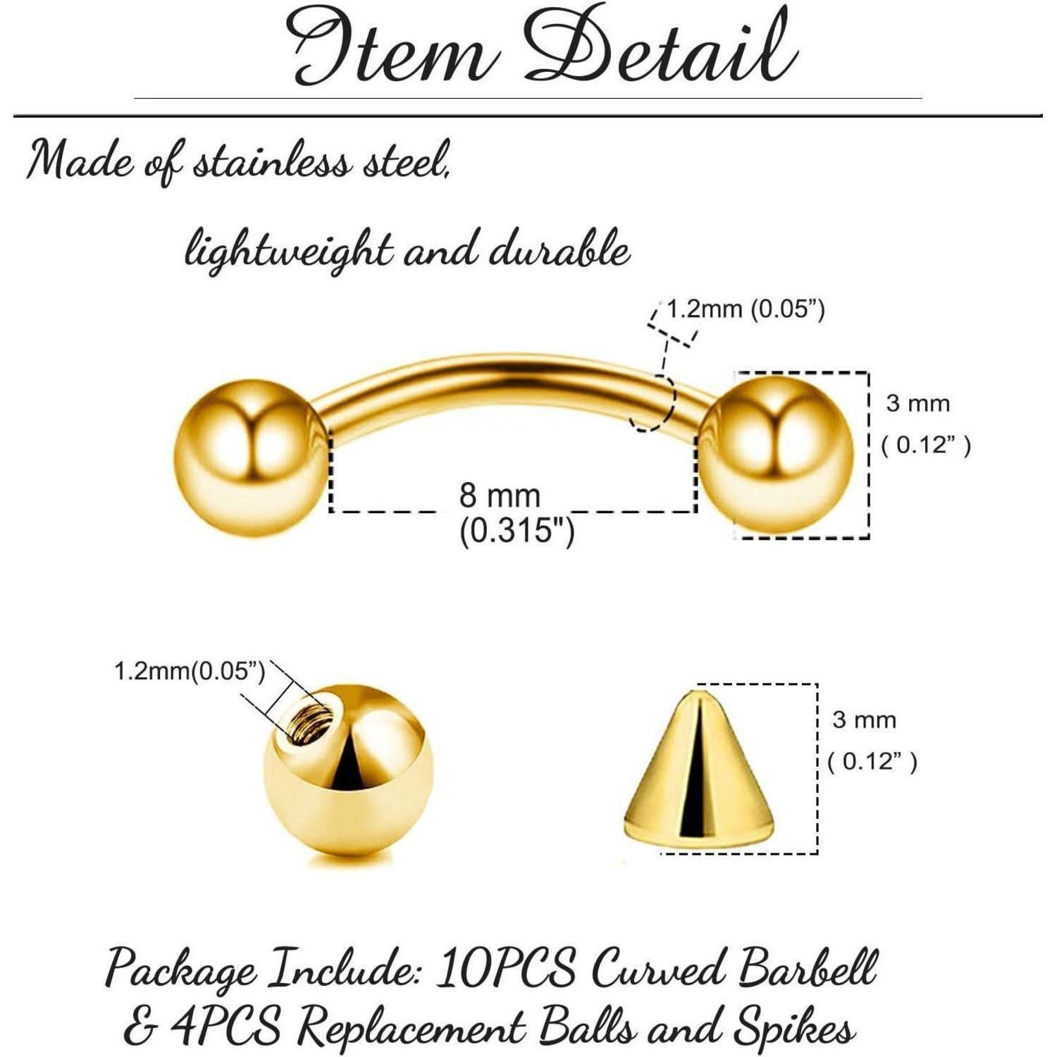Besyvvin Augenbrauenpiercing 10stk Curved Barbell Piercing Set 1,2mm Chirurgenstahl 6-12mm Schwarz