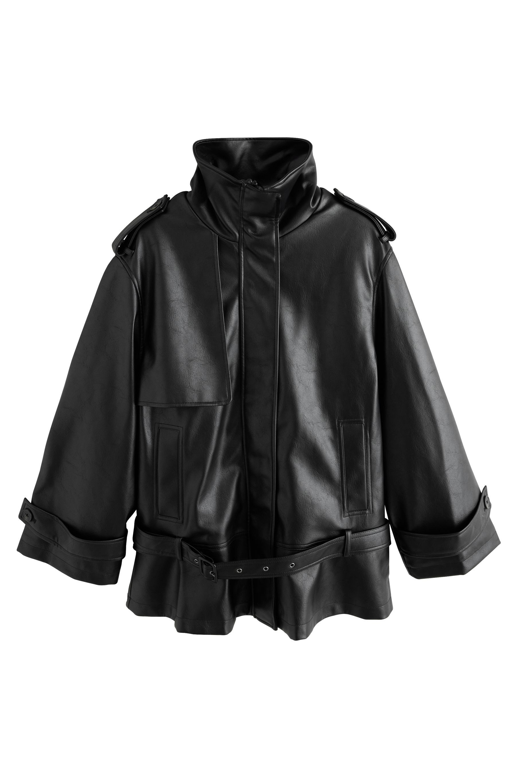 Next Lederjacke Jacke aus Kunstleder mit Gürtel, Kurzgröße (1-St)