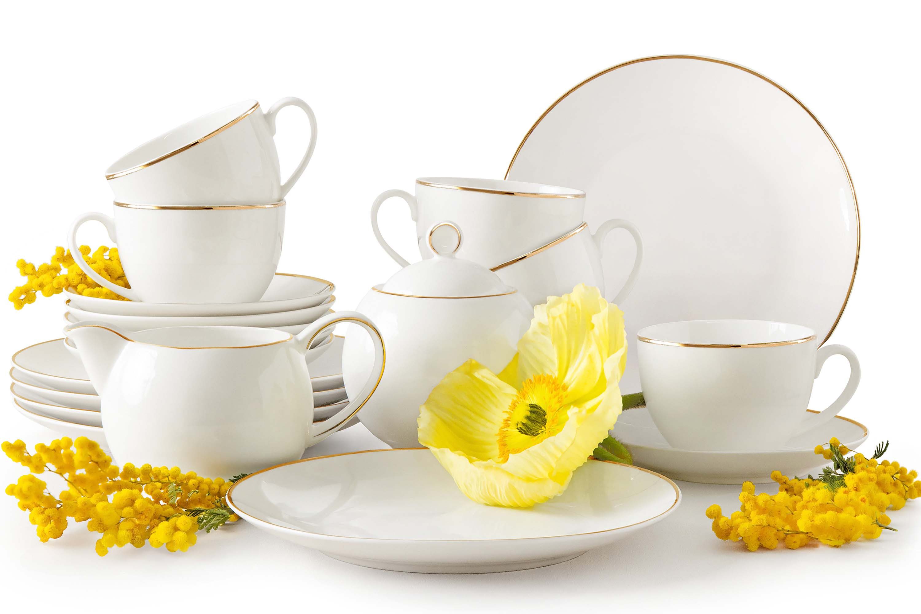 KONSIMO® Kaffeeservice AD BELLA Kaffeetassen-Set, Geschirr-Set, Hartporzellan (20-tlg), 6 Personen, Porzellan, ecru Farbe mit Goldlinie, Handwäsche empfohlen, zeitloses Design