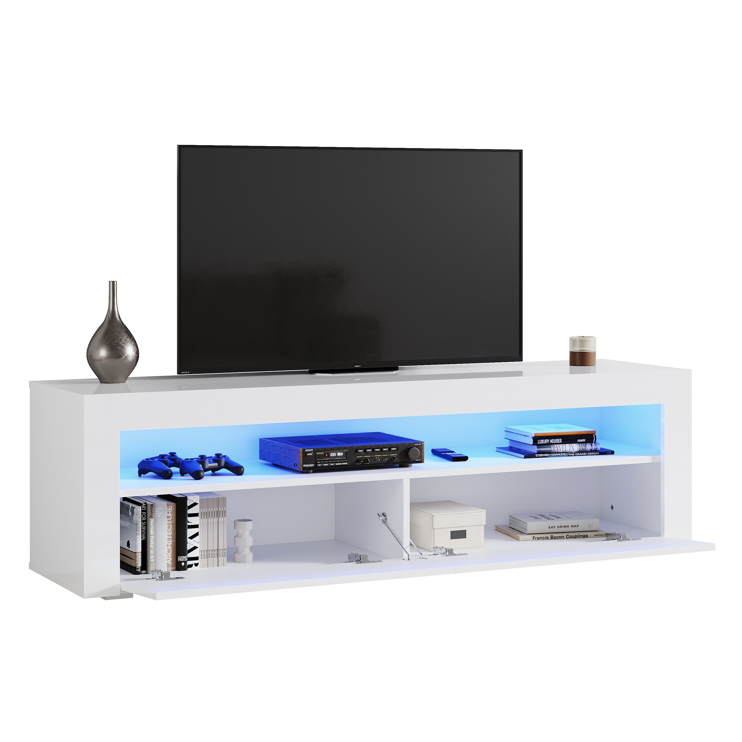 Lowboard TV-Schrank mit LED-Beleuchtung, 155 cm - Lowboard in Weiß