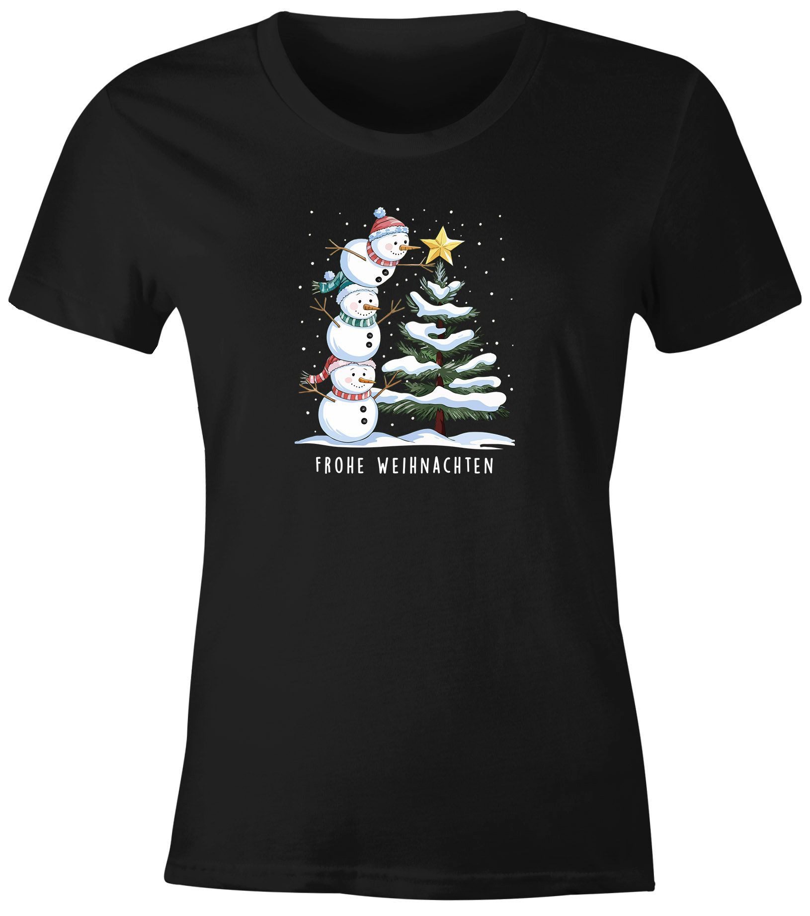 MoonWorks Print-Shirt Damen T-Shirt Frohe Weihnachten Schneemann Design Aufdruck Schrift mit Print