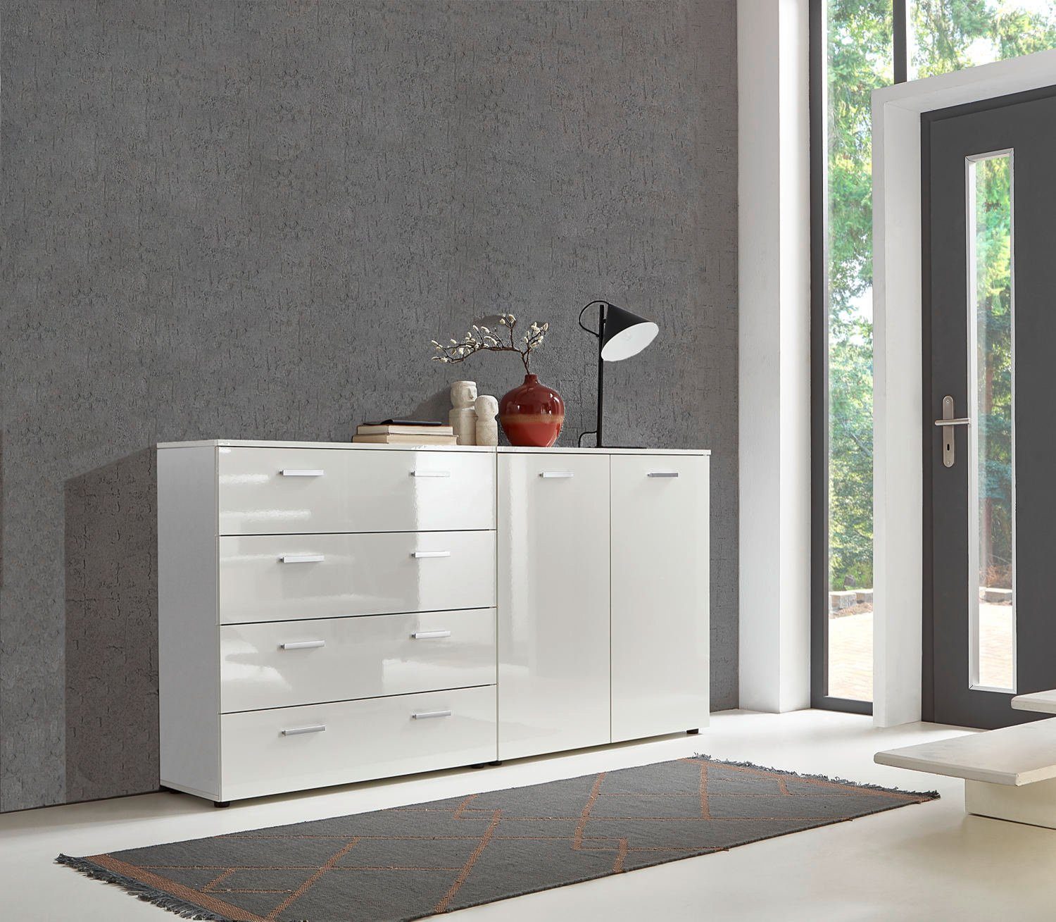 moebel-dich-auf Kombikommode MALAGA Kommoden-Set 7 (Schubkastenkommode Türkommode Schuhschrank Kommode, Schubkastenkommode + Schuhschrank), Fronten und Oberboden in weiß Hochglanz, Made in Germany