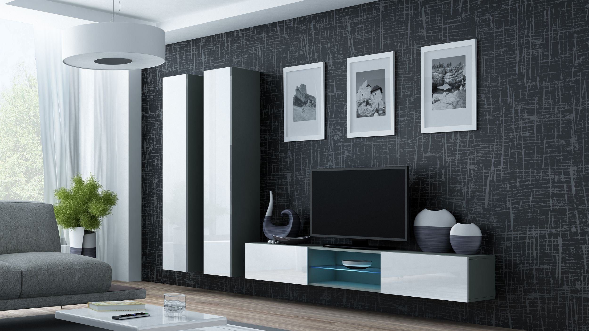 Stylefy Wohnwand Vago XIX, (Set (3-St), Wohnmöbel, Wohnzimmer-Set), bestehend aus 1xLowboard und 2xHängeschrank, inkl. LED-Beleuchtung, mit Push-to-Open, Modern Design Grau Matt - Weiß Hochglanz