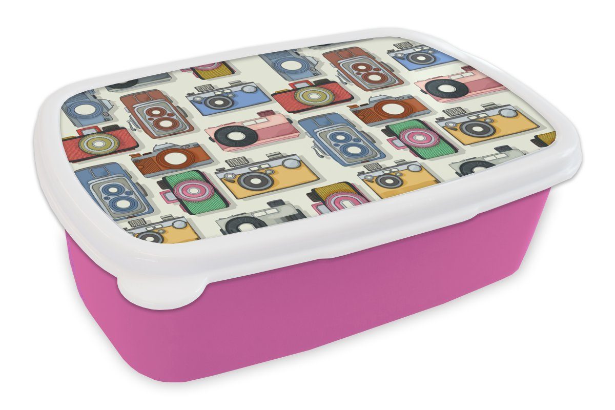 MuchoWow Lunchbox Retro - Kamera - Muster - Fotografie, Kunststoff, (2-tlg), Brotbox für Erwachsene, Brotdose Kinder, Snackbox, Mädchen, Kunststoff rosa