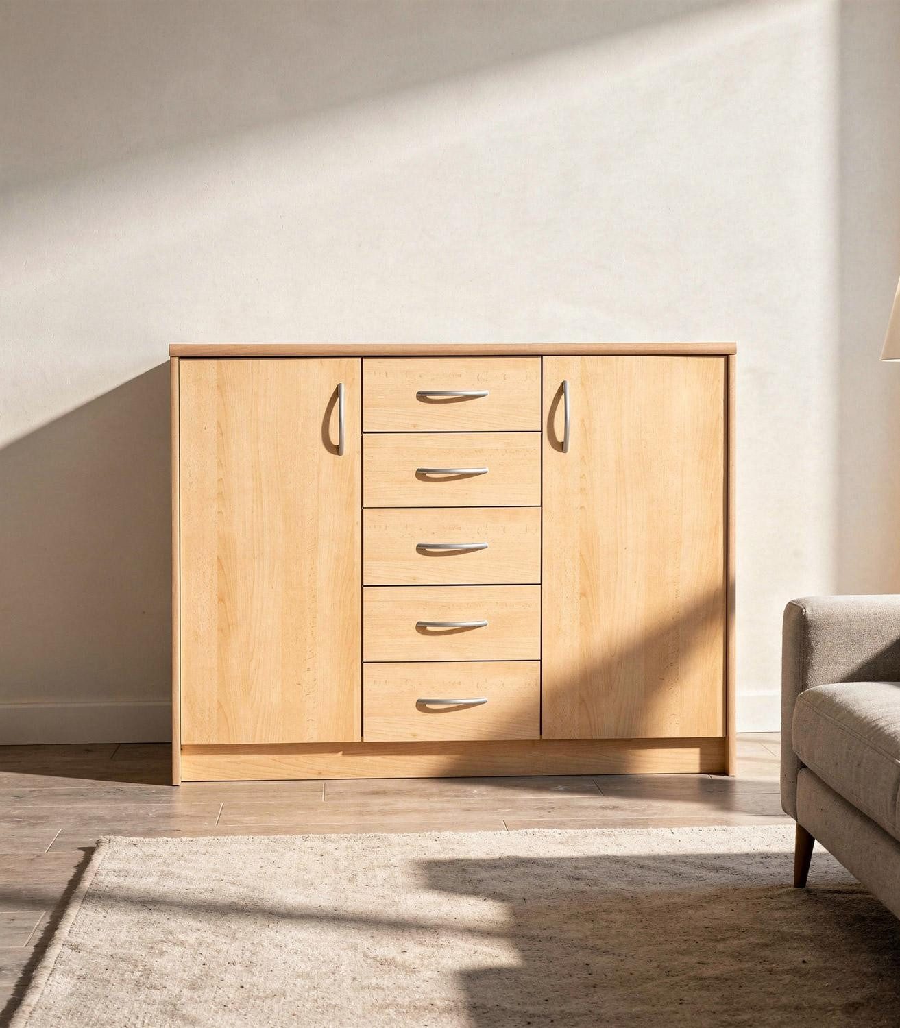 Kommode OPTIMUS, B 109 cm, H 86 cm, Buchedekor braun, 2 Türen, 5 Schubladen, 4 höhenverstellbare Einlegeböden