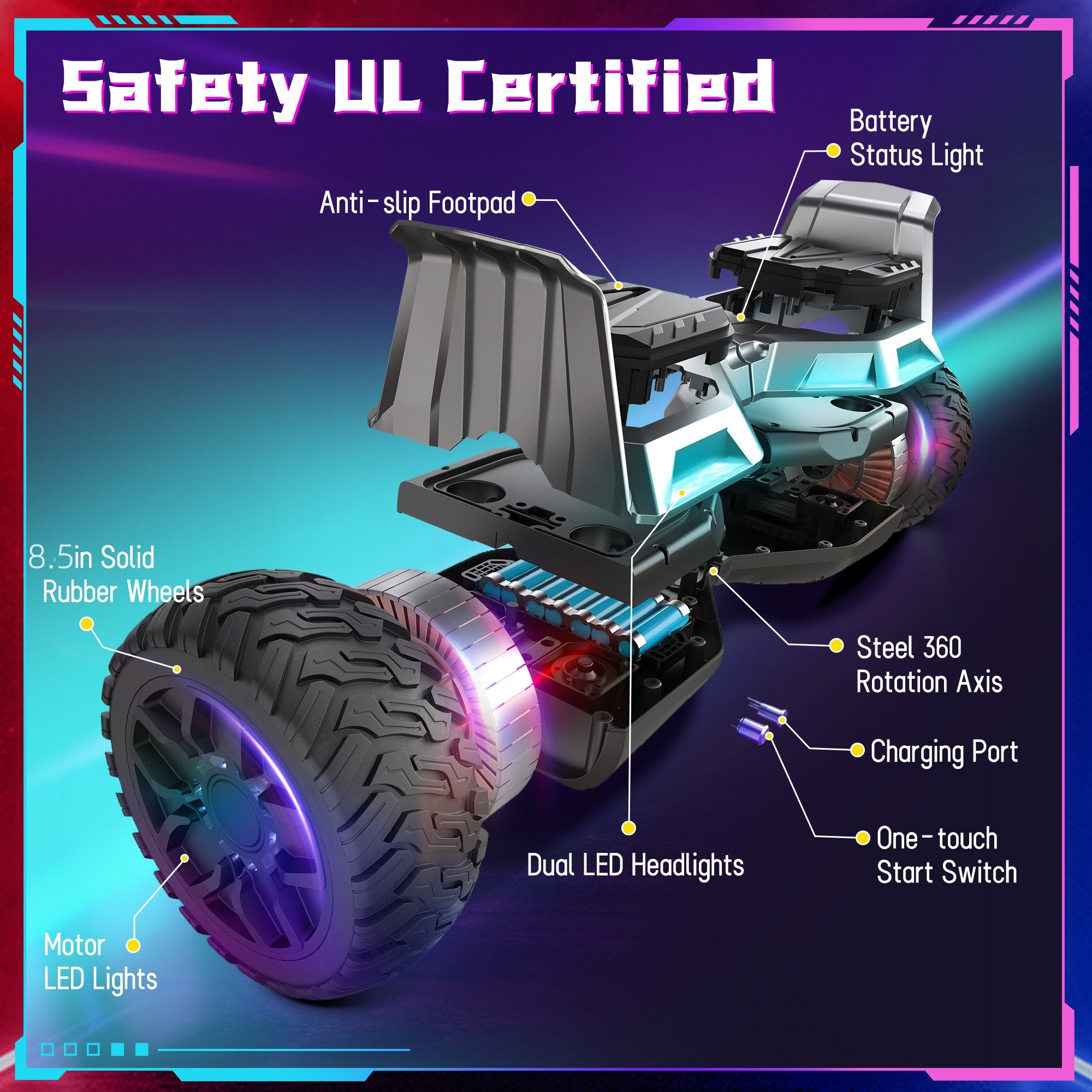 SISIGAD Balance Scooter 8,5 Zoll Dualmotorräder, Hoverboard mit LED-Licht, Smart Bluetooth, 10 km/h, Hoverboard mit LED Lichter Bluetooth,Geschenk für Kinder