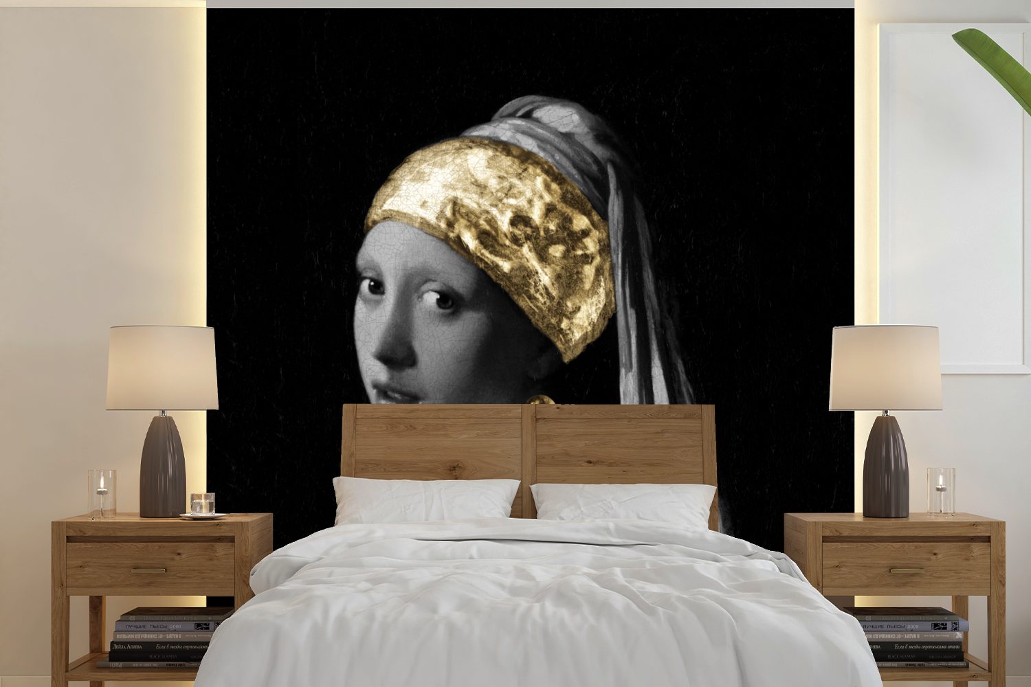 - Wandtapete Wohnzimmer Schlafzimmer, Matt, bedruckt, (5 Perlenohrring Mädchen Kunst, für MuchoWow mit St), Fototapete - Vermeer Tapete oder Vinyl