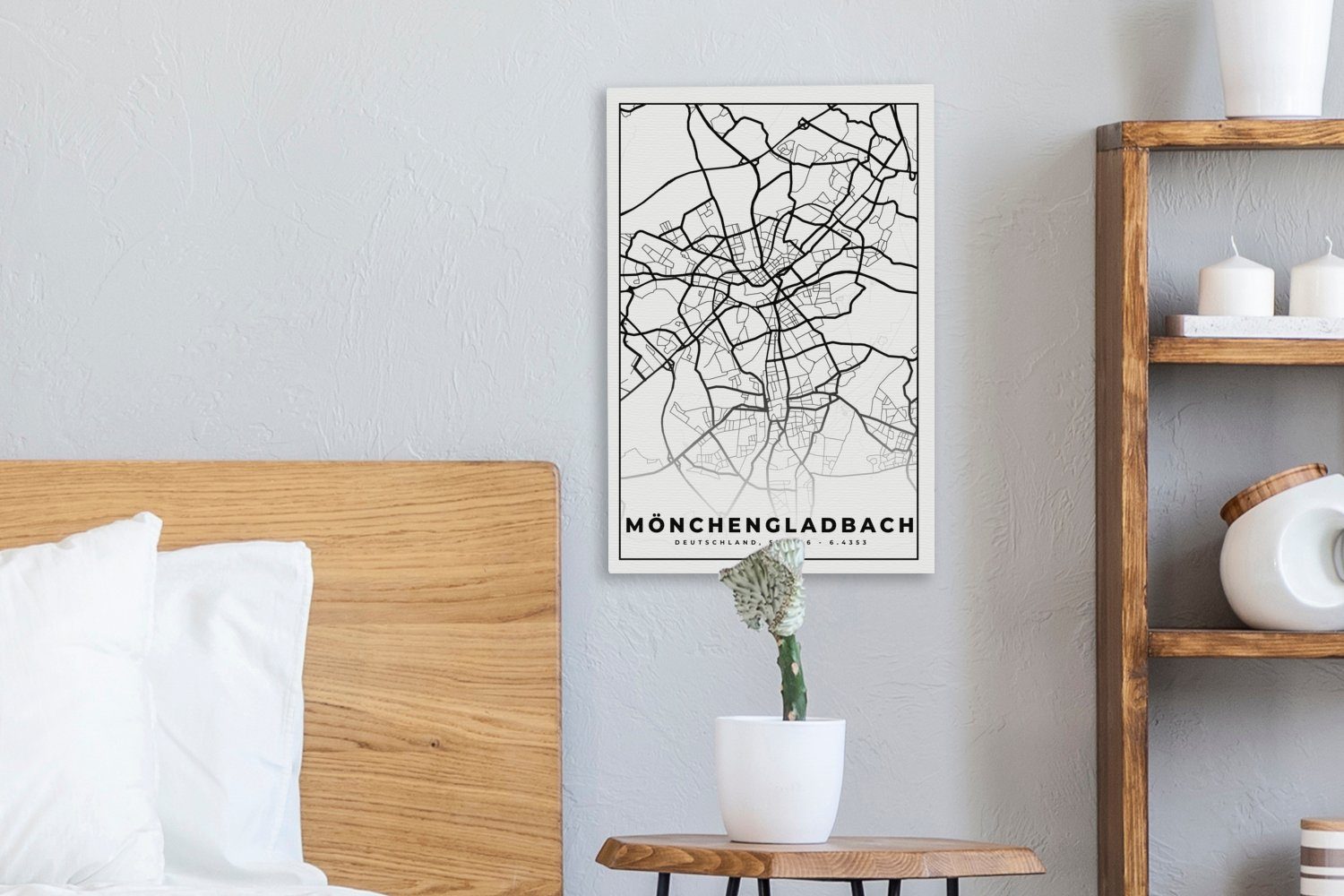 OneMillionCanvasses® Leinwandbild Karte fertig - Mönchengladbach (1 inkl. bespannt - Leinwandbild Gemälde, 20x30 Stadtplan, Zackenaufhänger, cm St)