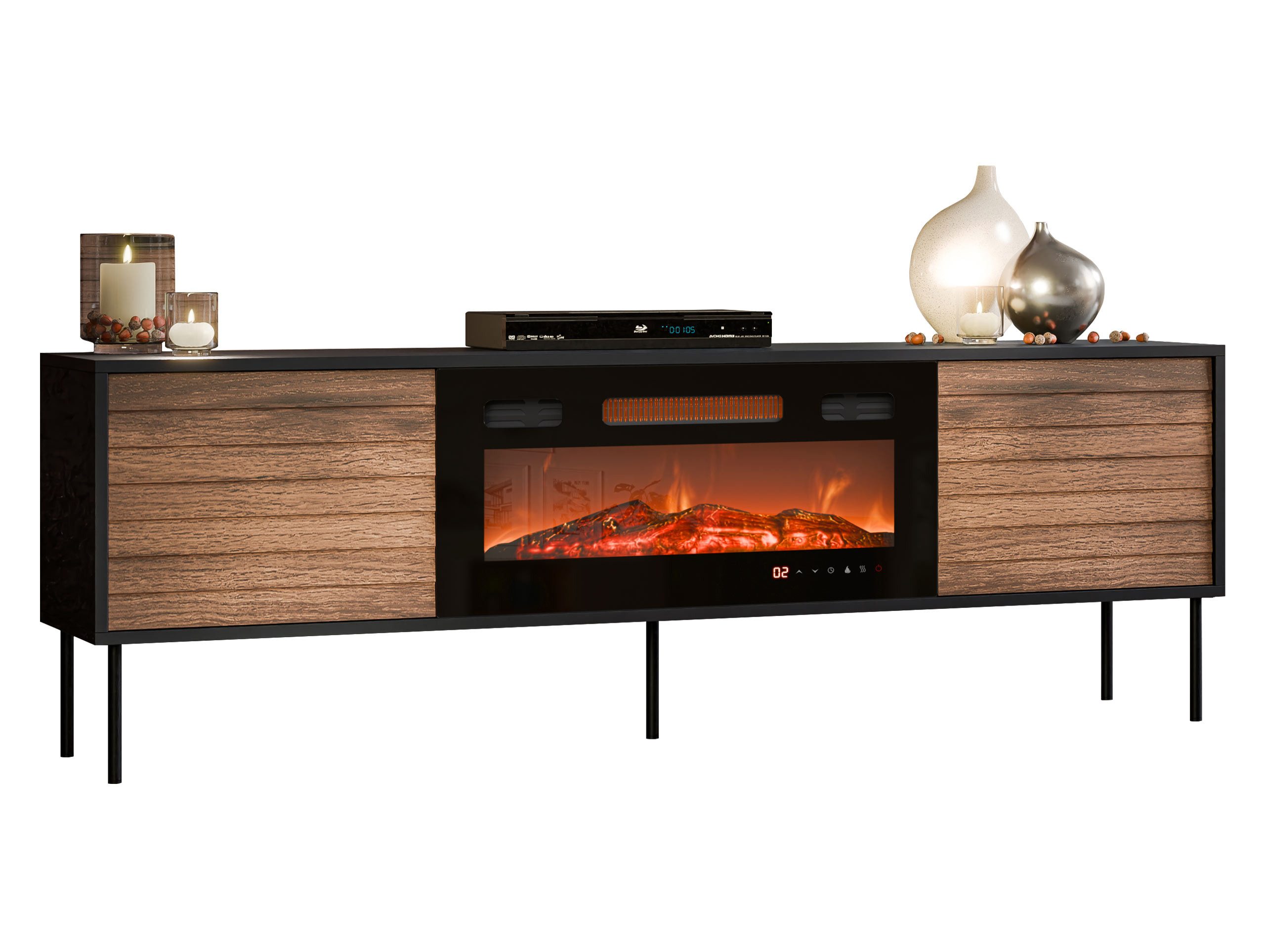 MIRJAN24 TV-Schrank Cortina 180 mit Elektrische Kamin (mit zwei Drehtüren) Schwarze Stahlfüße, Realistische LED-Flamme