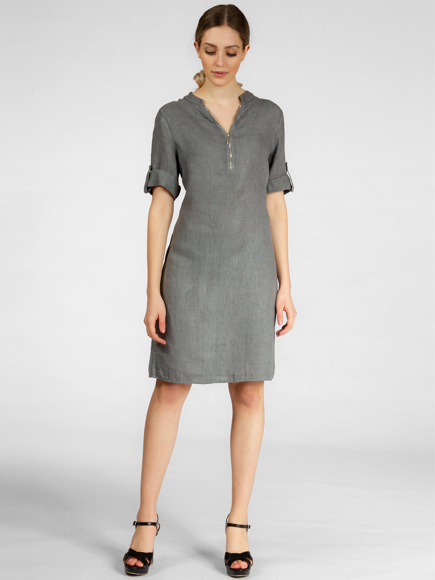 Caspar Sommerkleid SKL037 knielanges Damen Leinenkleid mit Reißverschluss Ausschnitt Luftig leicht, figurumspielende Form, mit seitlichem Jersey-Einsatz