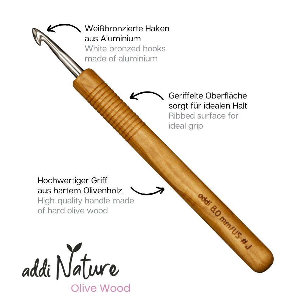 addi Stecknadeln addiNature Häkelnadel mit hochwertigem Olivenholzgriff 15 cm, Wollhäkelnadel mit hochwertigem Olivenholzgriff in verschiedenen Stärken