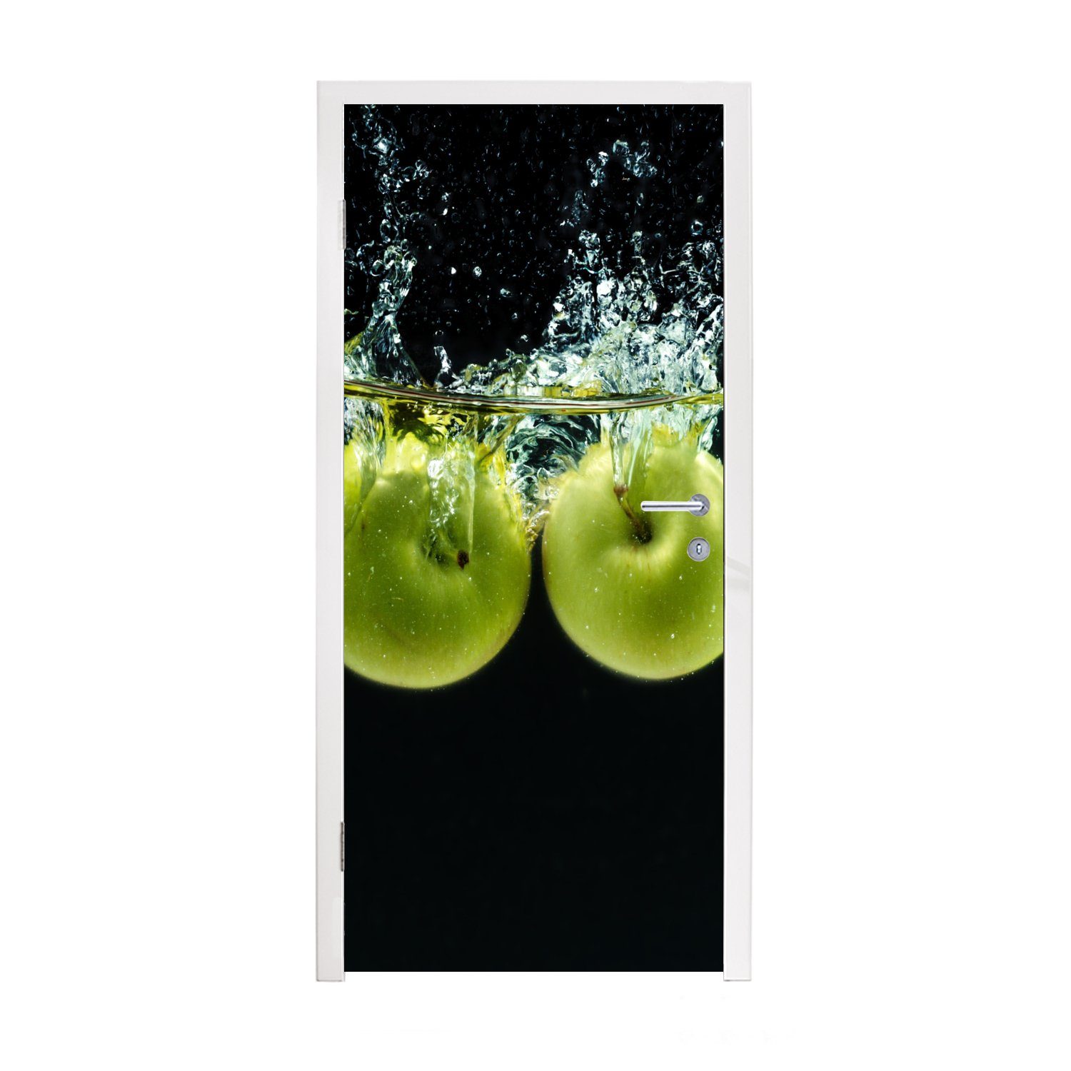 MuchoWow Türtapete Äpfel - Obst - Wasser - Schwarz - Grün, Matt, bedruckt, (1 St), Fototapete für Tür, Türaufkleber, 75x205 cm
