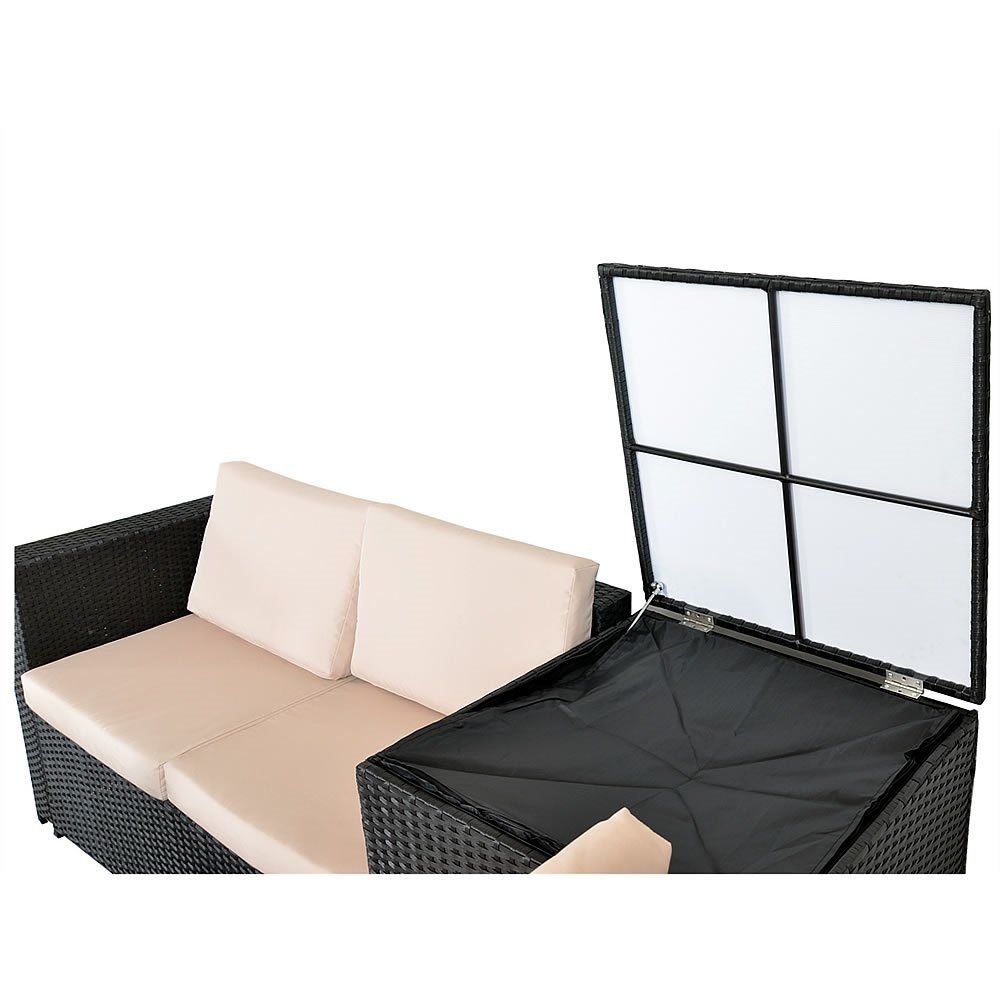 mit (Set, schwarz Gartenlounge-Set Sitzgarnitur Auflagenbox Polyrattan | Sicherheitsglasplatte Beige Gartengarnitur, 2-tlg), Mucola Sitzgruppe