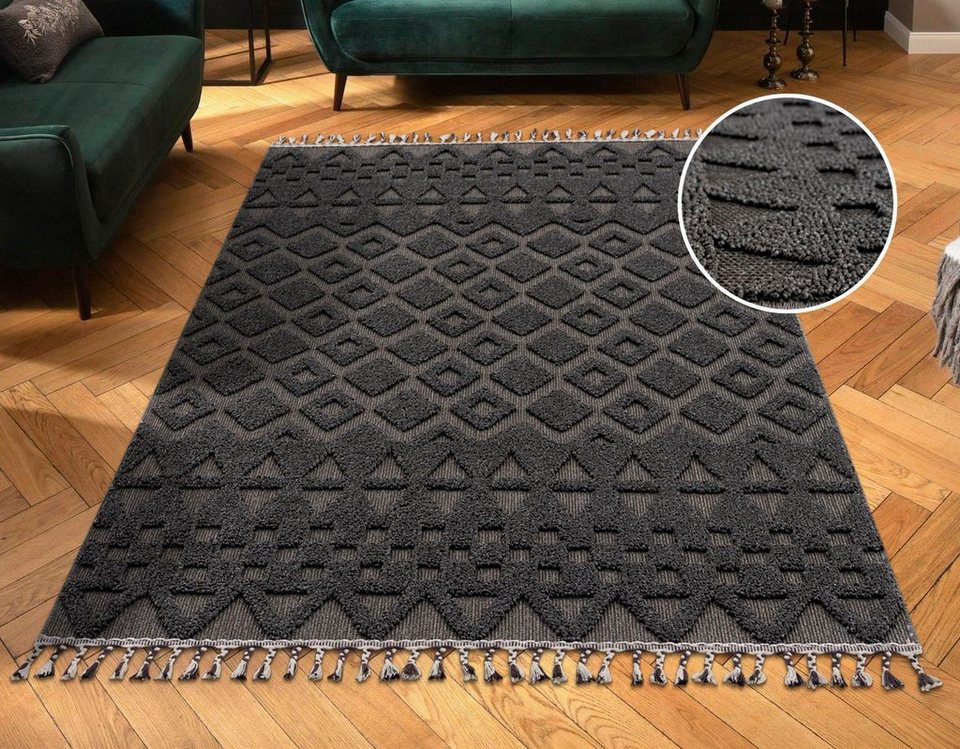 Teppich Juliane, andas, rechteckig, Höhe: 18 mm, Hoch-Tief-Struktur,  Woll-Look, Boho, mit Fransen | Kurzflor-Teppiche
