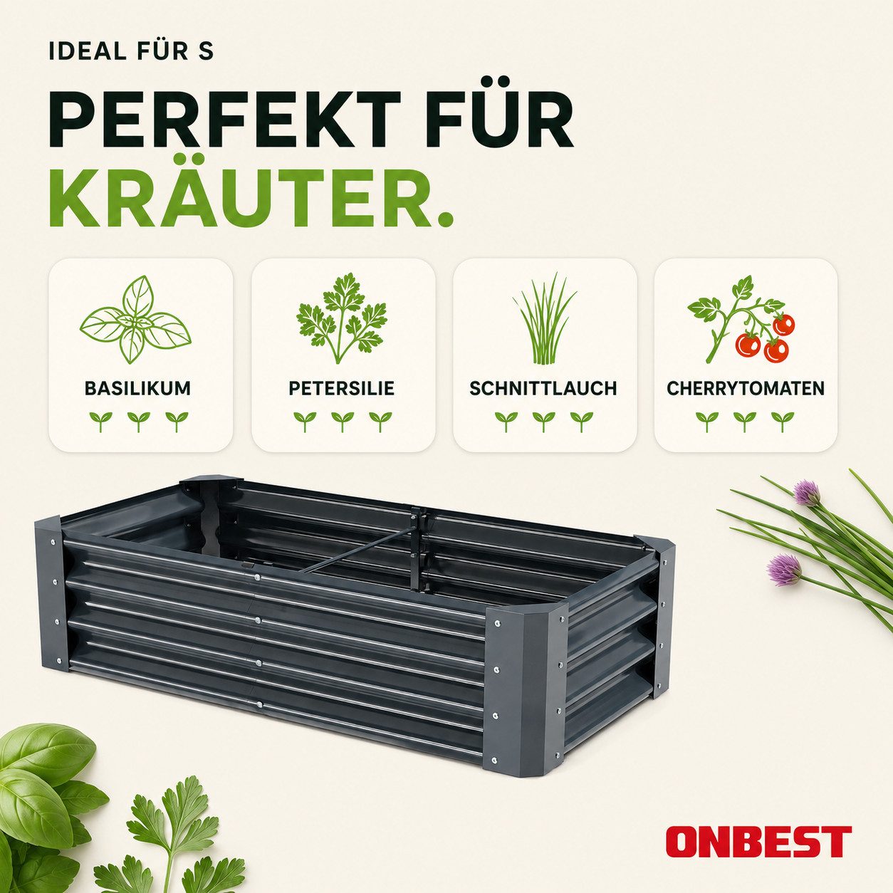Onbest Hochbeet Metall aus verzinktem 0,4mm Stahl, inklusive Werkzeug & Handschuhe