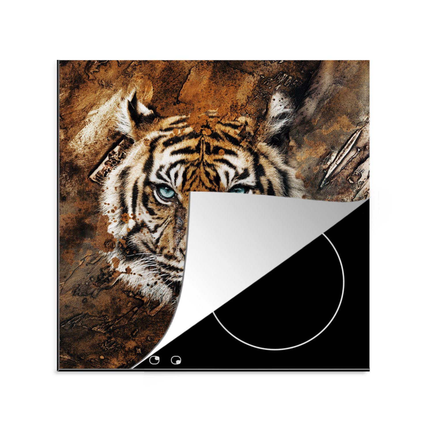 MuchoWow Herdblende-/Abdeckplatte Tiger - Malerei - Braun, Vinyl, (1 tlg), 78x78 cm, Ceranfeldabdeckung, Arbeitsplatte für küche