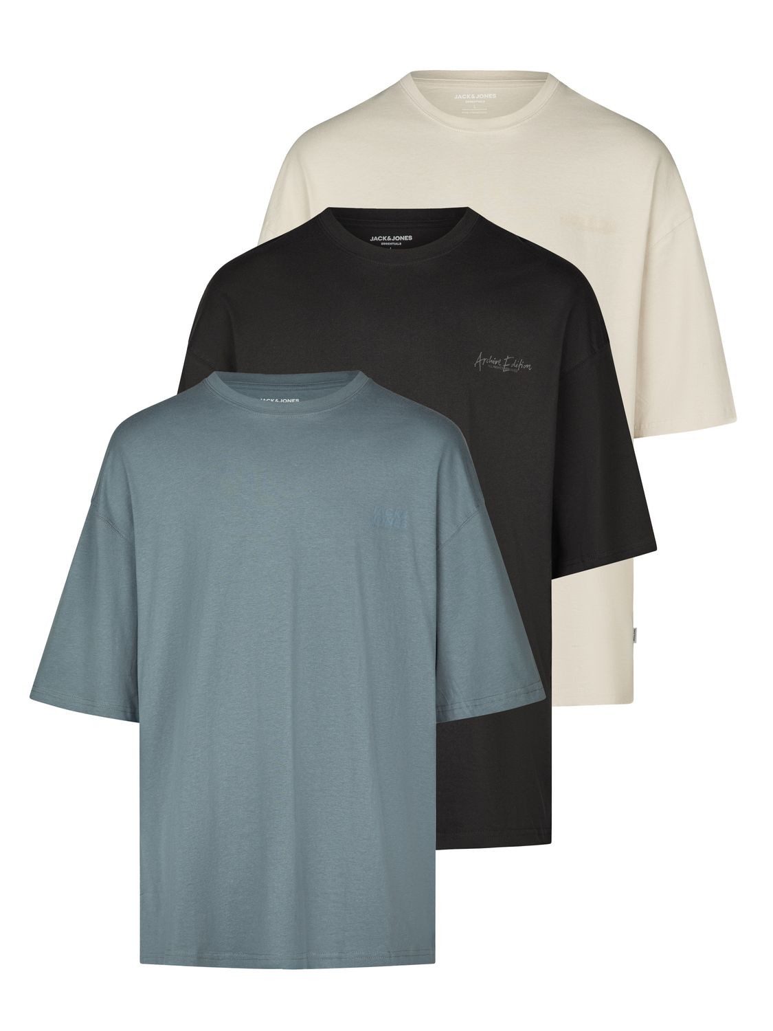 Jack & Jones T-Shirt Herren Basicshirt JJECHARGE 3er Set Pack Oversize Fit (Vorteilspack, 3-tlg) Kurzarm Tee Shirt mit Rundhalsausschnitt aus 100% Baumwolle