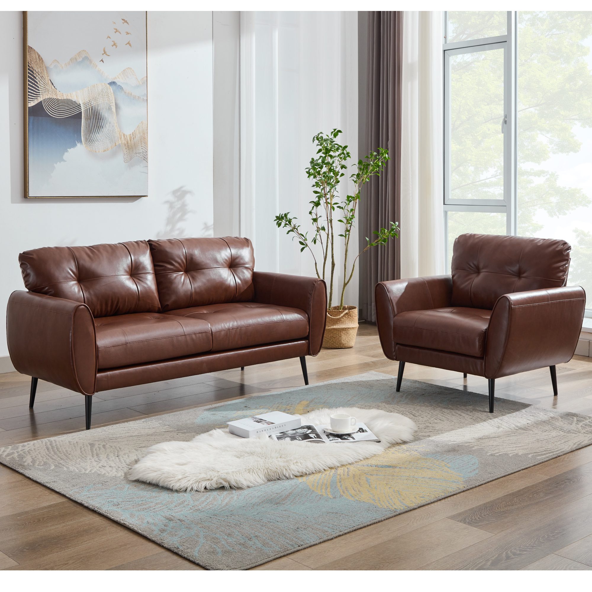 GRAVFORCE Sofa Prägunoserie Modern Kunstleder Braun für Wohnzimmer, 2 Teile, Büro Einfache Montage 146x72x77