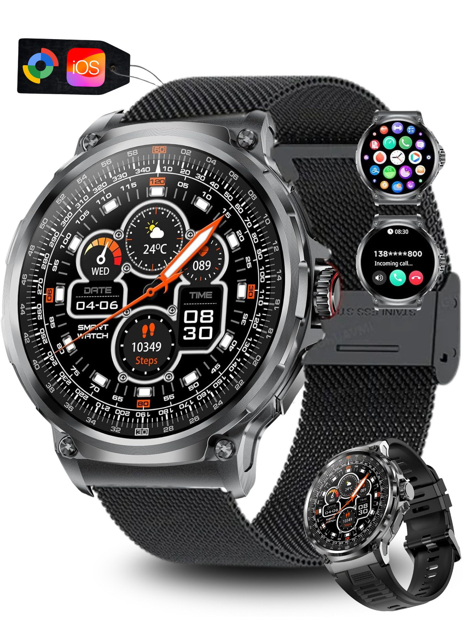 S&T Design Smartwatch Fitness Tracker Uhr für Herren mit Telefonfunktion Groß Smartwatch (iOS + Android) Geschenkbox, (Android und iOS), 1,85" AMOLED-Display Whatsapp Herzfrequenz-/Schlafüberwachung