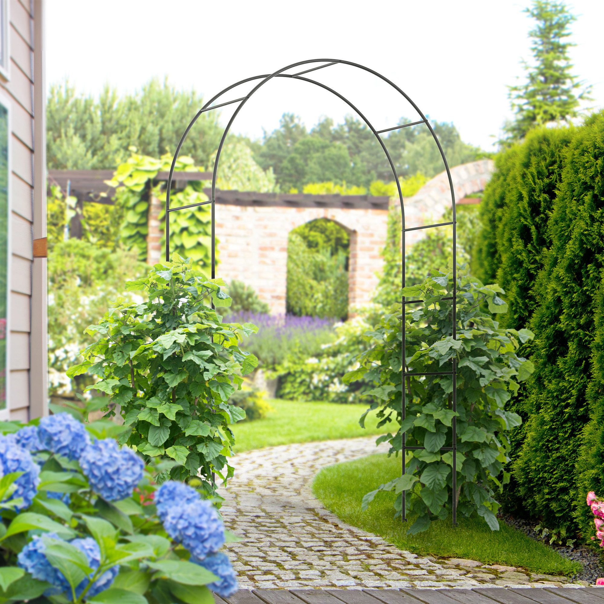 Outsunny Rosenbogen Rankhilfe mit Spitze Metallstruktur Rankbogen für Rosen Gartenbogen aus Metall für Kletterpflanzen, 1 St., Torbogen, Schwarz, 140 x 40 x 240 cm