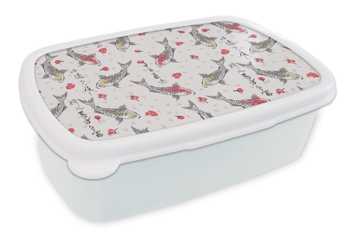 MuchoWow Lunchbox Fische - Koi - Blumen - Muster, Kunststoff, (2-tlg), Brotbox für Kinder und Erwachsene, Brotdose, für Jungs und Mädchen weiß