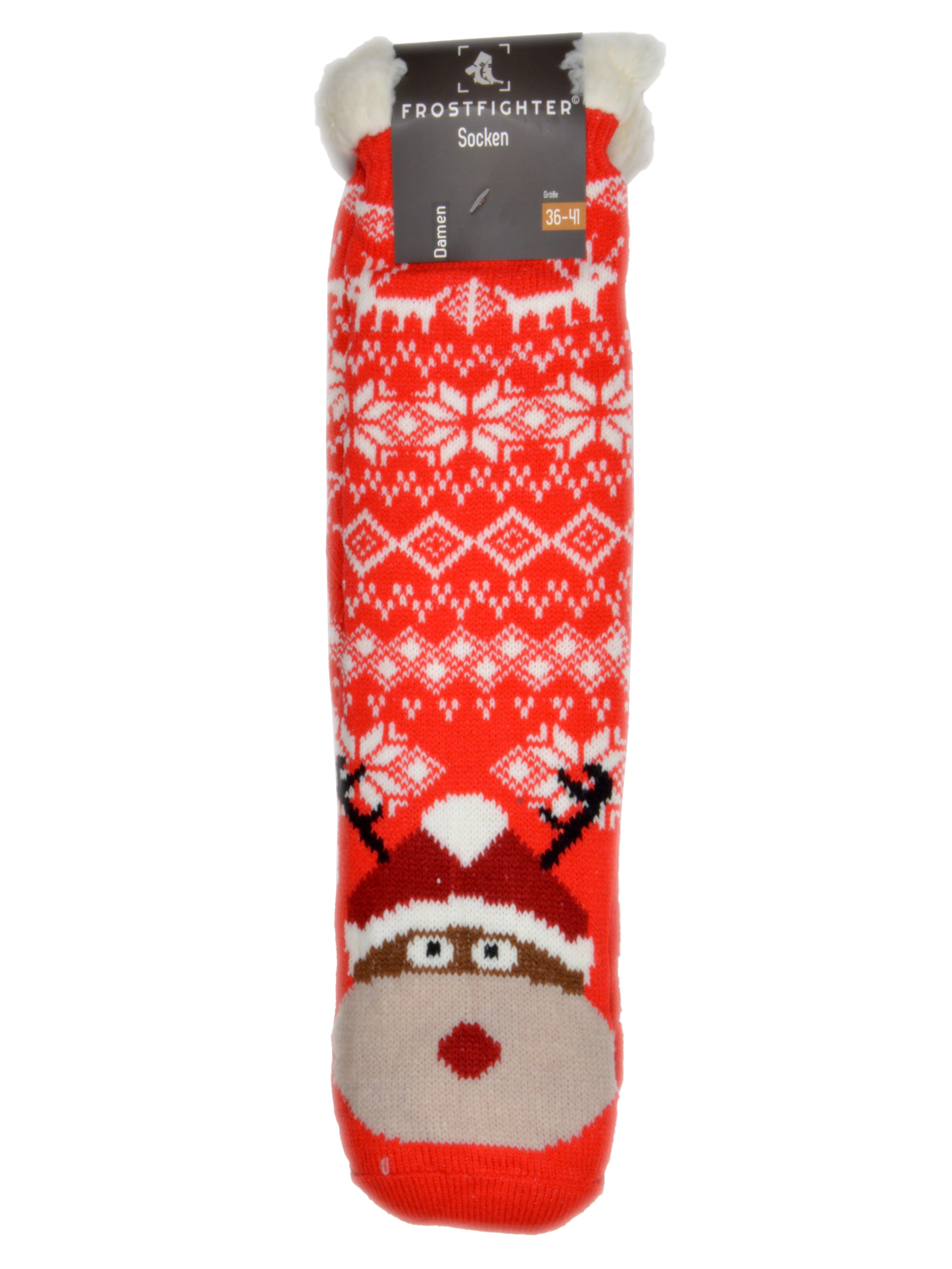 (1 Socken Elch Haussocken Kuschelsocken, Innenfutter, Paar) Hüttensocken Frostfighter ABS-Sohle, - Rot