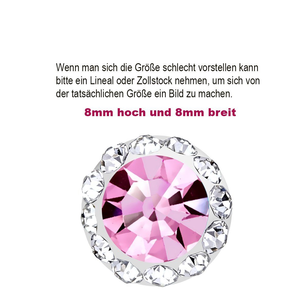 Limana Paar Ohrstecker Damen Mädchen runde Ohrringe 8mm 925 Silber pink Kristalle, Damenohrringe für jeden Tag Geschenk Geschenkidee