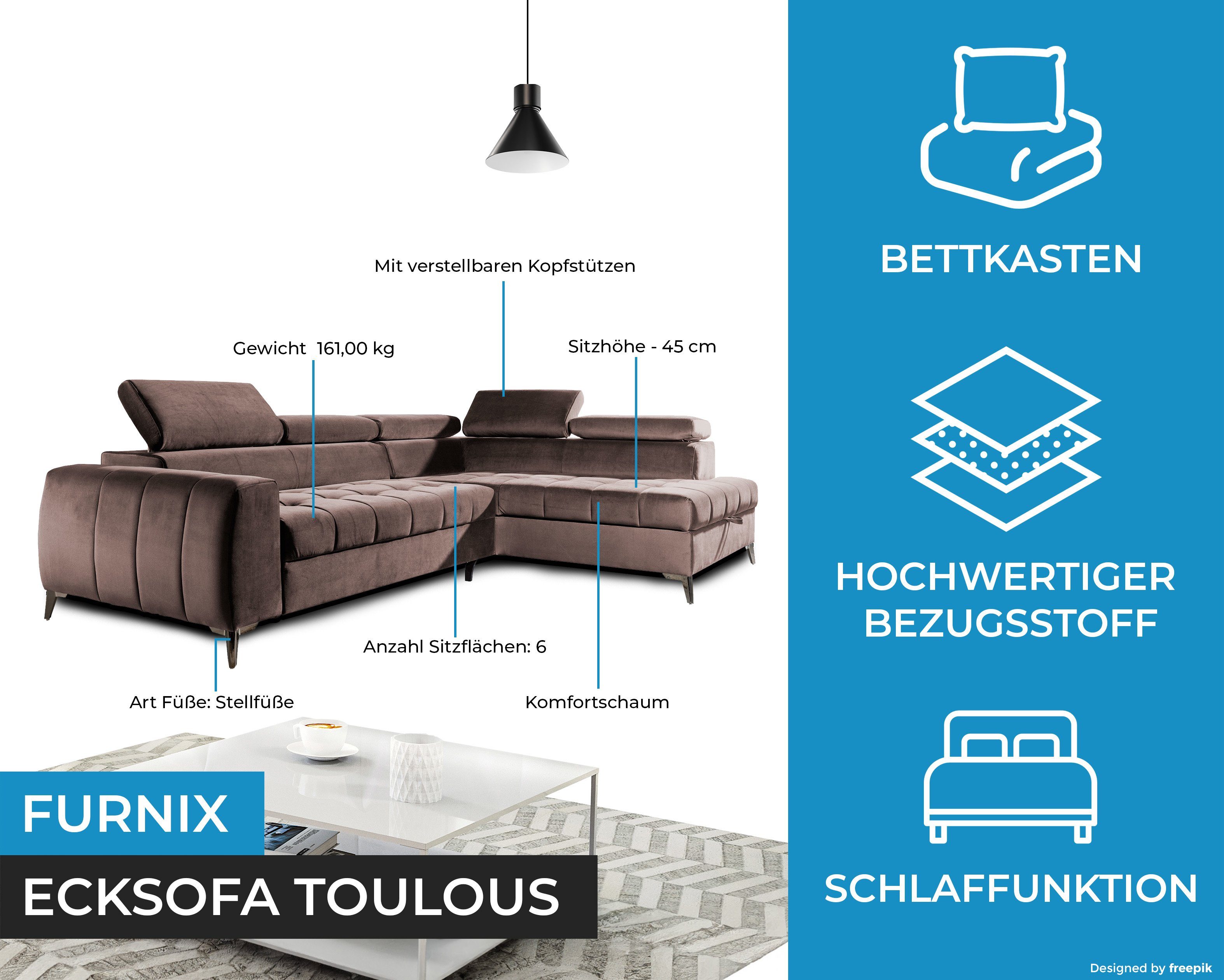 x x B200 TOULOUS Furnix Sofa Verarbeitung Auswahl, DL H95 B275 Schlaffunktion cm hochwertige Braun Automat Ecksofa mit Maße: