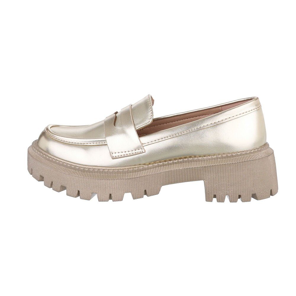 Ital-Design Damen Mokassins Freizeit Slipper (84018732) Blockabsatz Mokassins in Gold