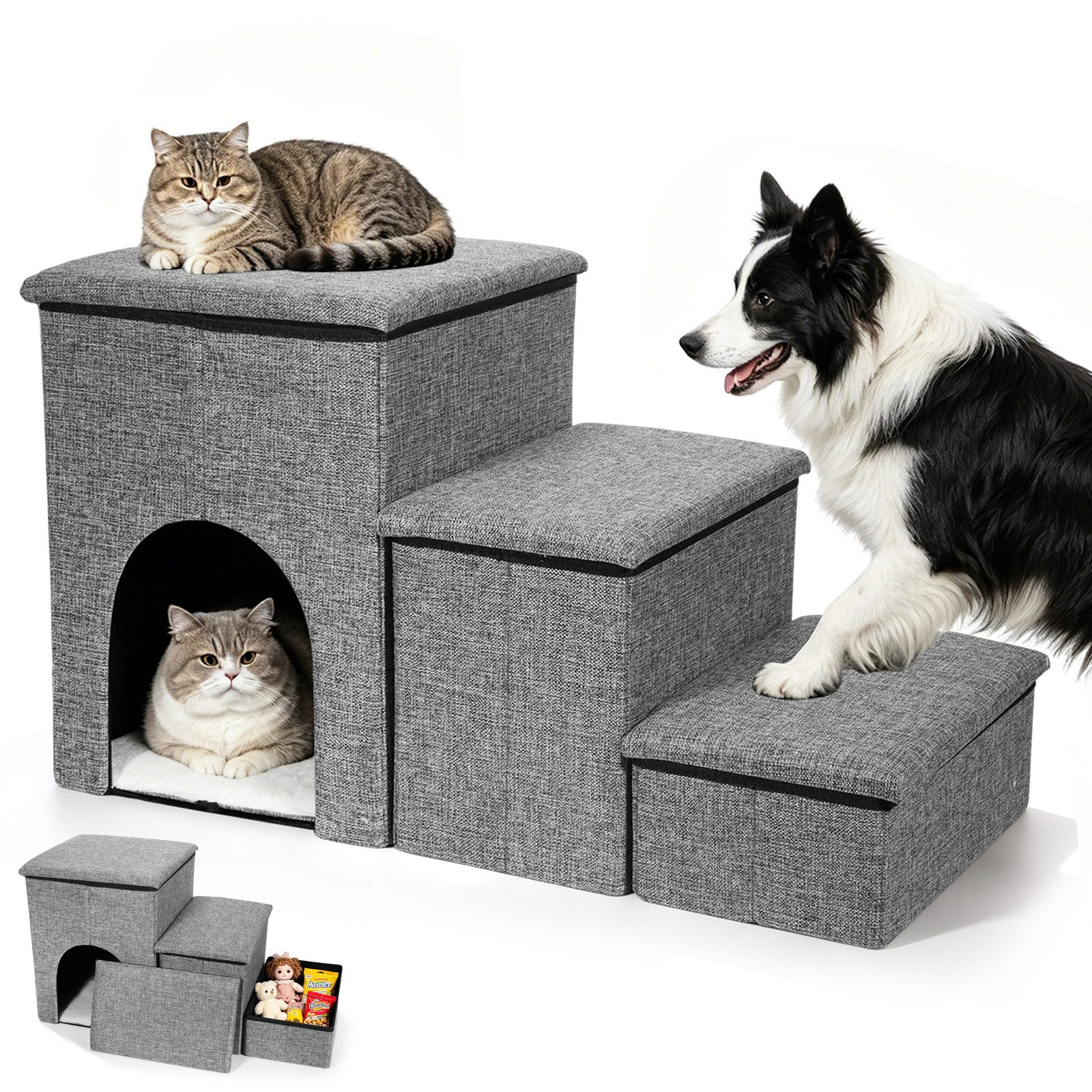 BlingBin Haustiertreppe Hundetreppe 3-stufig, 32,5 cm Katzentreppe für Bett und Sofa (1er set, 1-St., 72,5cm x 32,5cm x 43 cm), Haustiertreppe mit Stauraum und Katzenöffnung für Bett und Couch