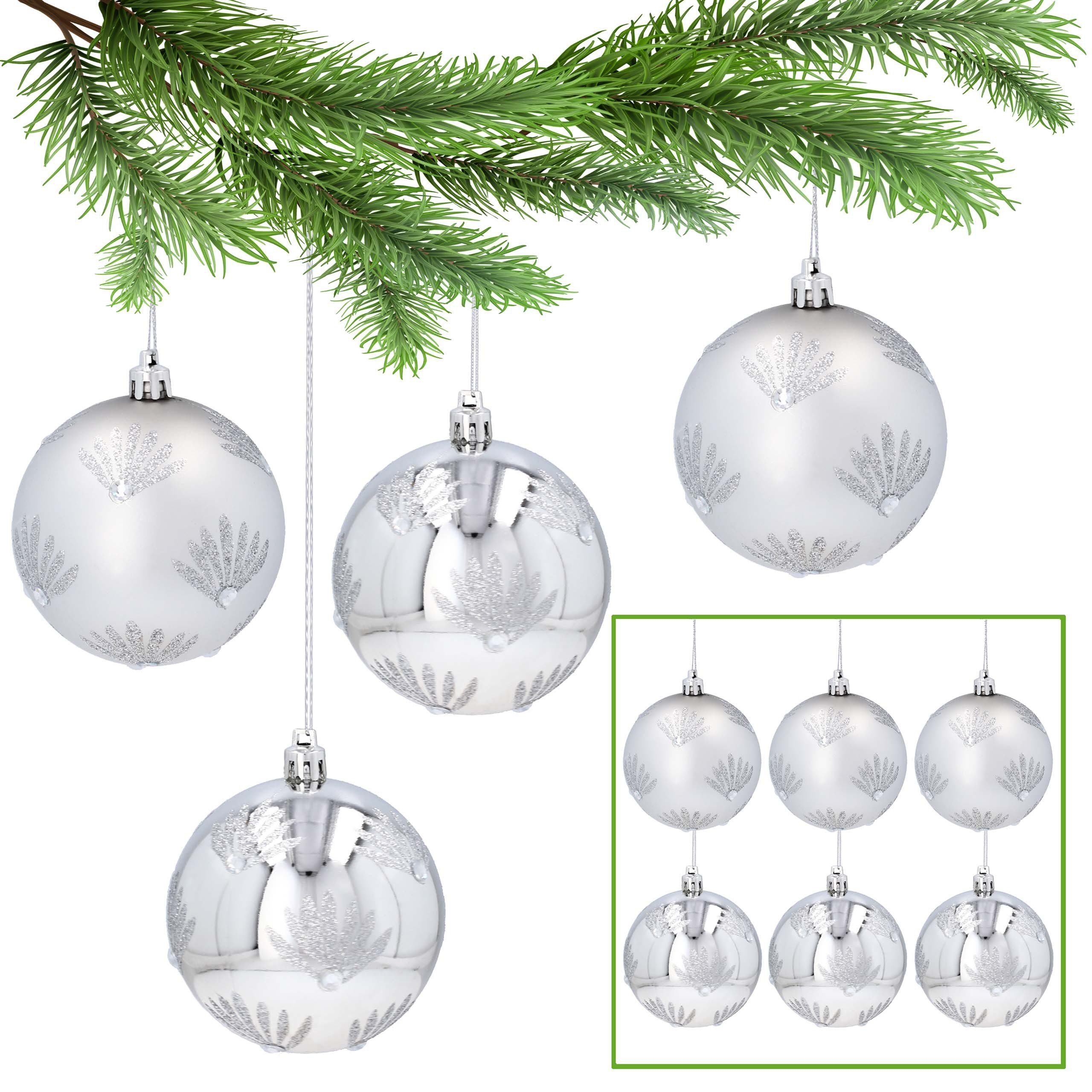 Sarcia.eu Weihnachtsbaumkugel Silberne Christbaumkugeln mit Glitzer, Kunststoff 8cm, 6 Stück 1Pack | Weihnachtskugeln