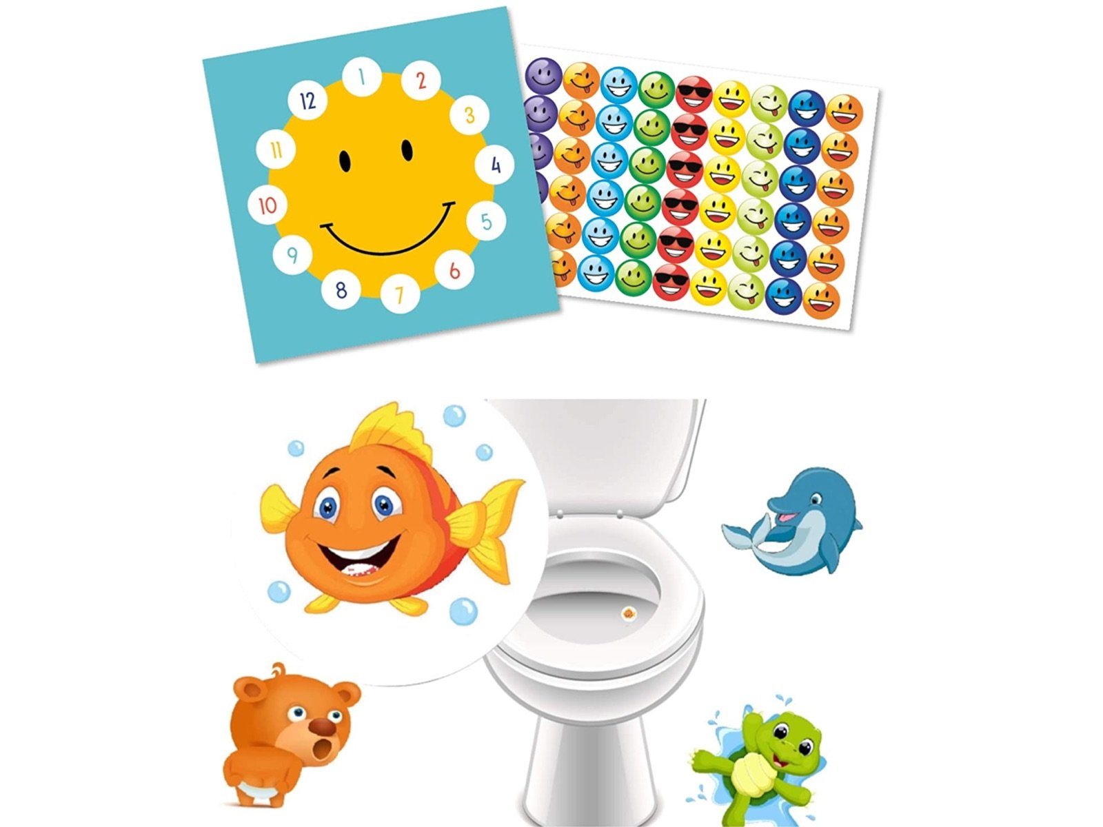 LK Trend & Style Sticker Lustige Lieblingstiere für die Toilette als Töpfchen Trainer, (Spar-Set), + Smiley "lächelnde Sonne"