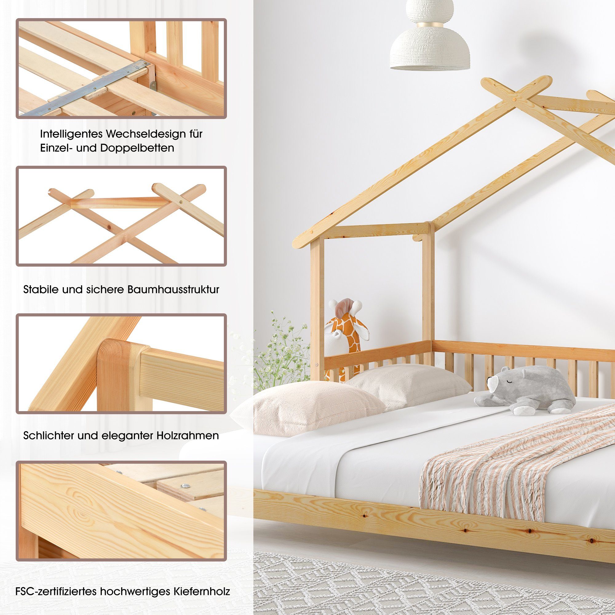 Flieks Massivholzbett, Erweiterbares Kinderbett 90x200cm/180x200cm Kiefer – Bild 4 von 5