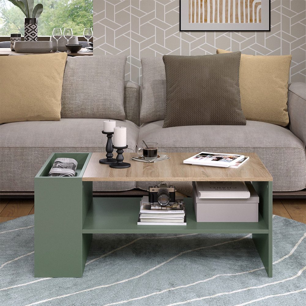 Vicco Couchtisch Wido, Grün/Sonoma, 100 x 55 cm mit Regalen (1-St)