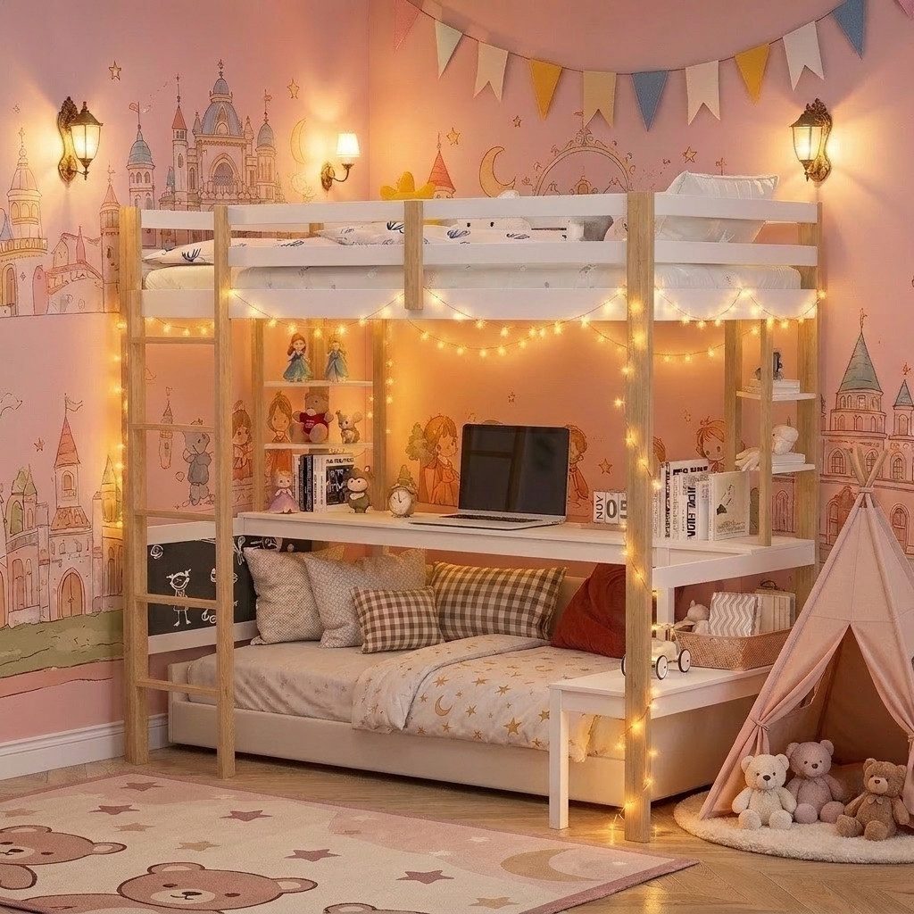 PXloue Hochbett 90/140 x 200 Stauraumbett Kinderbett (Rausfallschutz, geeignet für Jugendliche und Kinder) Holzbett Mit Treppe, Absturzsicherung, Erholungsgebiet, 90x200 cm
