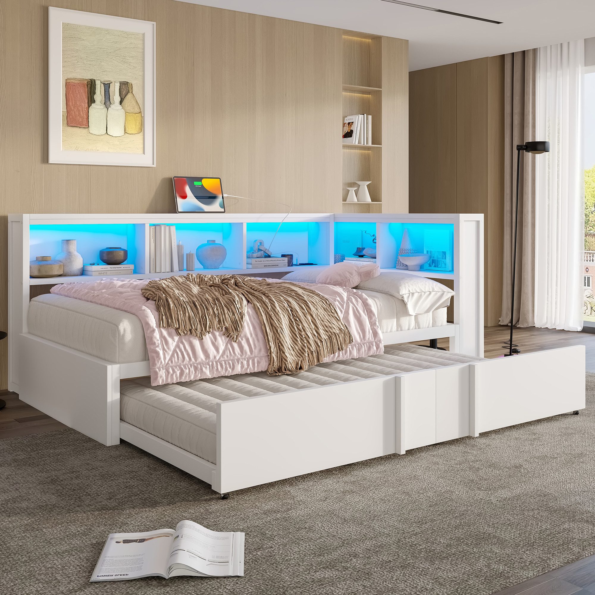 STILVORA Daybed 90x200 mit Ausziehbett,Daybett mit Staufach,Tagesbett mit LED&USB (LED-Beleuchtung & USB-Anschlüssen – Jugend- & Gästebett mit 5 Stauschränken, ideal für Teenager, Erwachsene & kleine Wohnungen, 1 tlg), mit Ausziehbett