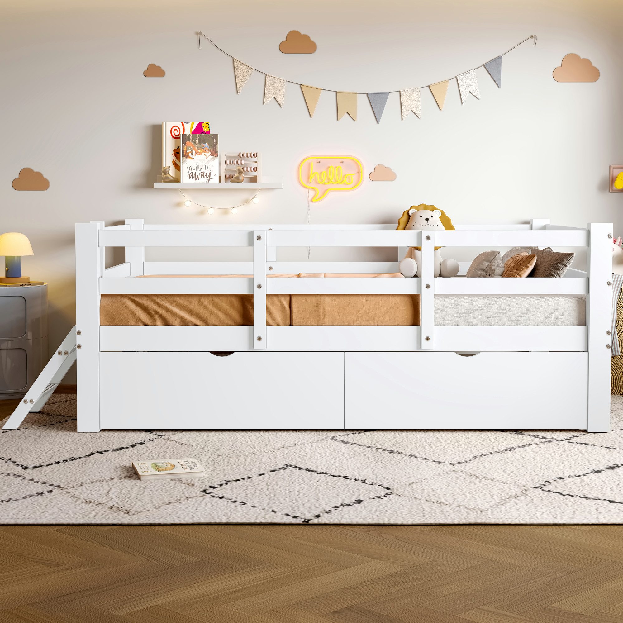 Merax Kinderbett Holz-Plattformbett 90x200cm mit Schutzgeländer & 2 Schubladen (1-tlg), Massivholzbett Jugendbett Bodenbett Einzelbett Babybett