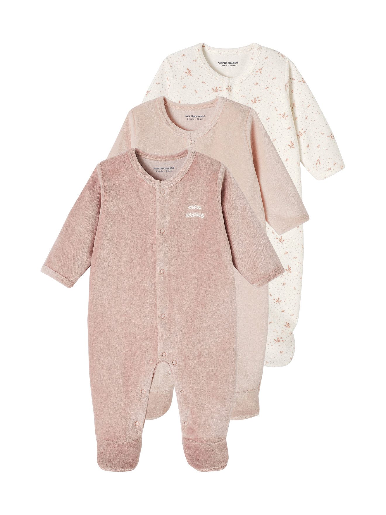 vertbaudet Schlafanzug Baby Samt-Strampler BASIC 3er-Pack