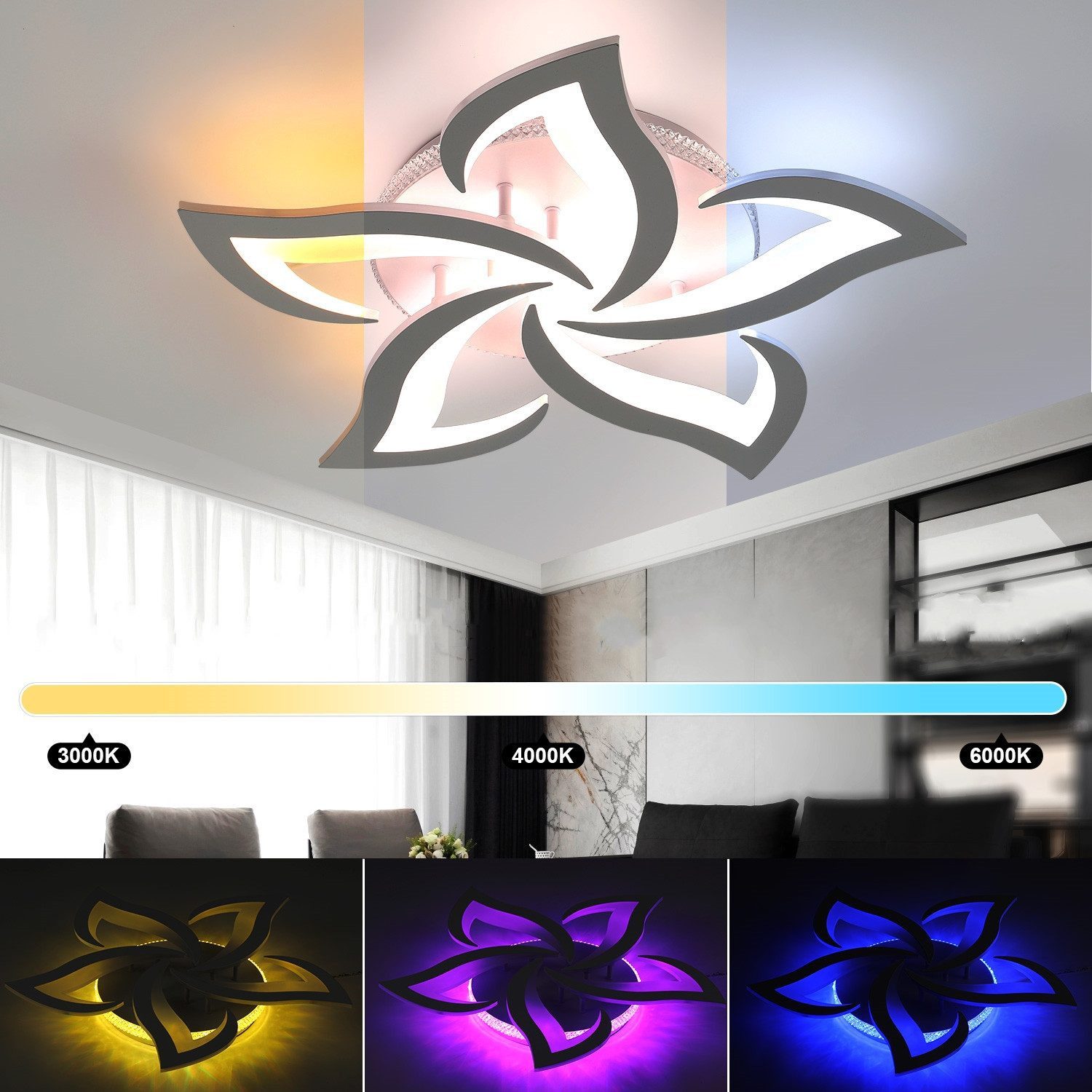 oyajia LED Deckenleuchte Deckenlampe Dimmbar mit Fernbedienung, RGB Hintergrundbeleuchtung Lamp, LED fest integriert, Kaltweiß, Naturweiß, Warmweiß, RGB Hintergrundbeleuchtung Farbwechsel, 55/90W Moderne Blumenform Deckenlampe für Wohnzimmer Schlafzimmer