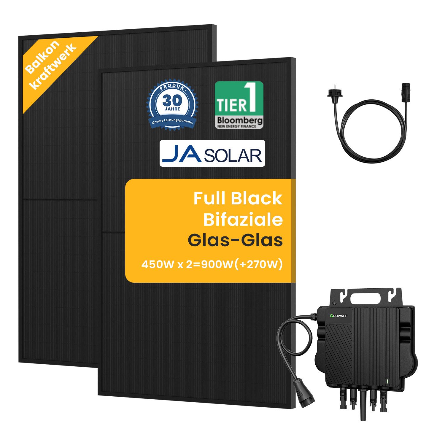 Growatt Balkonkraftwerk 900W steckerfertige Solaranlage,Module mit Growatt 800W Wechselrichter, (2x JASolar 450Wp Full Black im Lieferumfang enthalten)