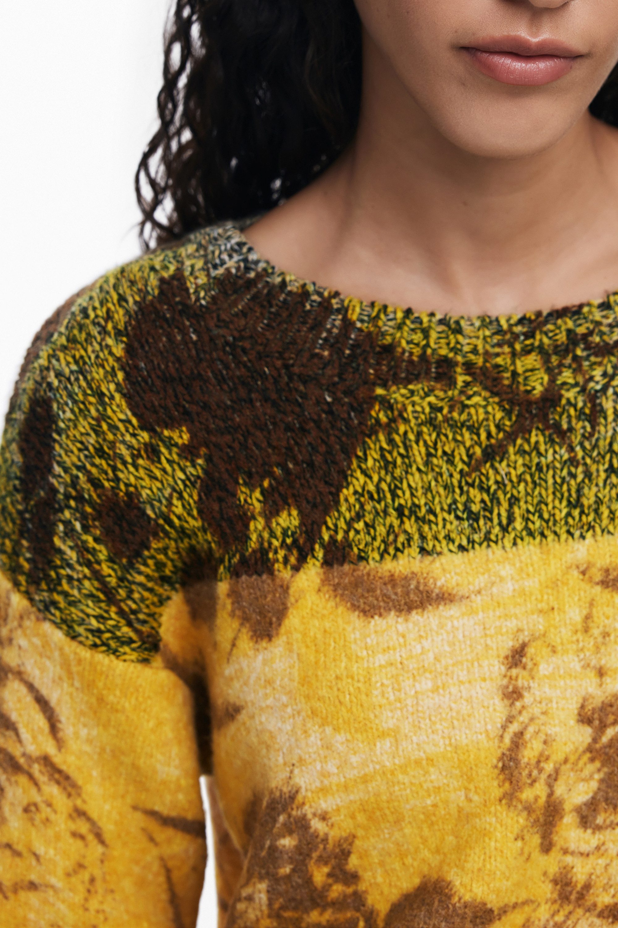 Desigual Strickpullover Bunter Damen Langarmpullover mit Muster und Rundhals in Gelb