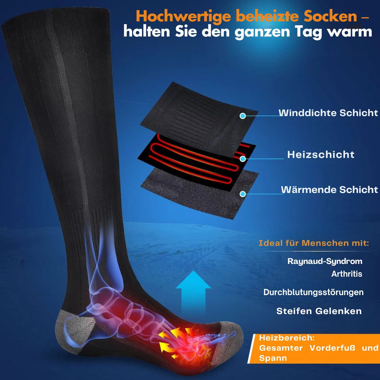 Goldstern-Tech Skisocken (Elektrisch beheizte Socken in Universalgröße, 1-Paar, 4000 mAh Akku je Socke) 3 Heizstufen, gezielte Fußsohlen-Wärme, Unisex & waschbar