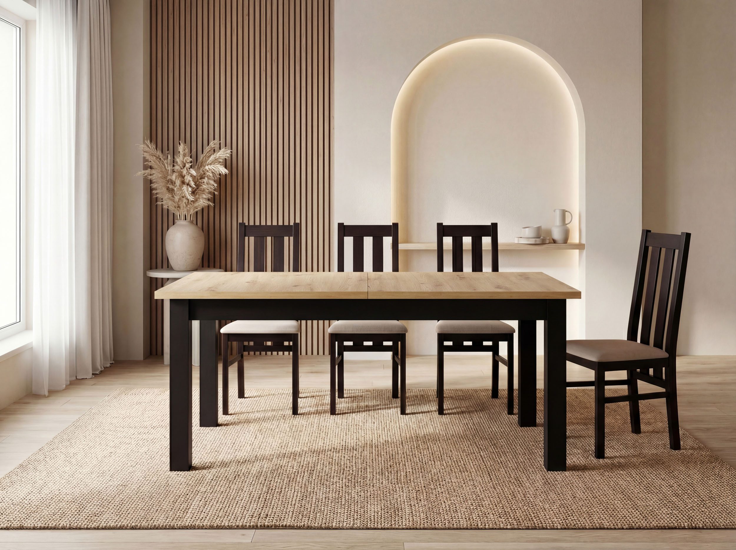 WFL GROUP Esstisch Lindberg ausziehbar verlängerbar rechteckig mit schwarzen Holzbeinen (MADE IN EU, XXL Groß– 120/140/150/160/200 cm ausziehbar auf 160/180/190/240/300 cm), platzsparender Tisch in Holzoptik für Küche, Esszimmer oder Wohnzimmer