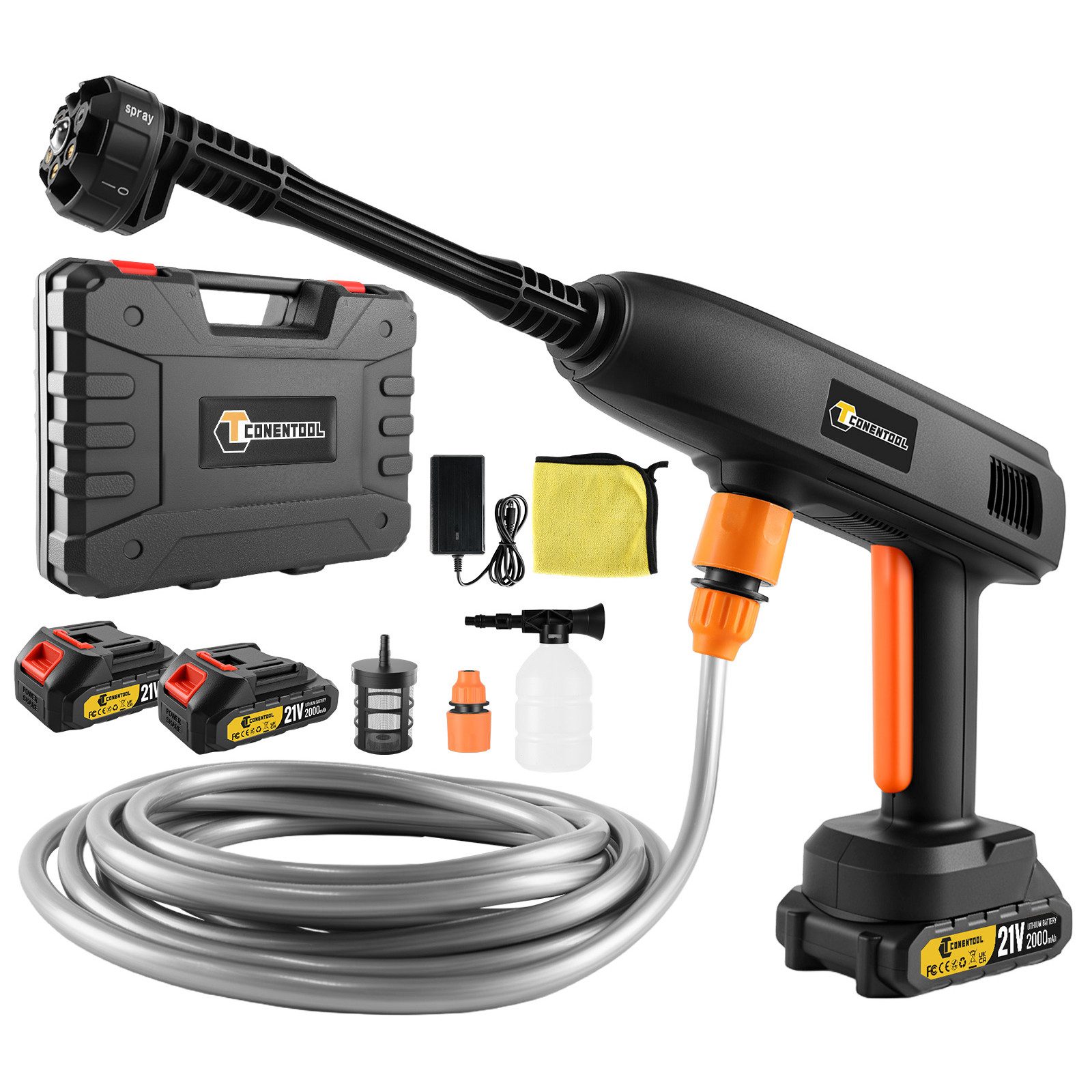 CONENTOOL Akku-Hochdruckreiniger 21V Hochdruckreiniger, Geräuscharmer Betrieb, Druck max: 14 bar, 150 W, Fördermenge max: 210 l/h, (Set), mit Schaumkanne, 2000mAh Akku für Auto Garten Haushalt