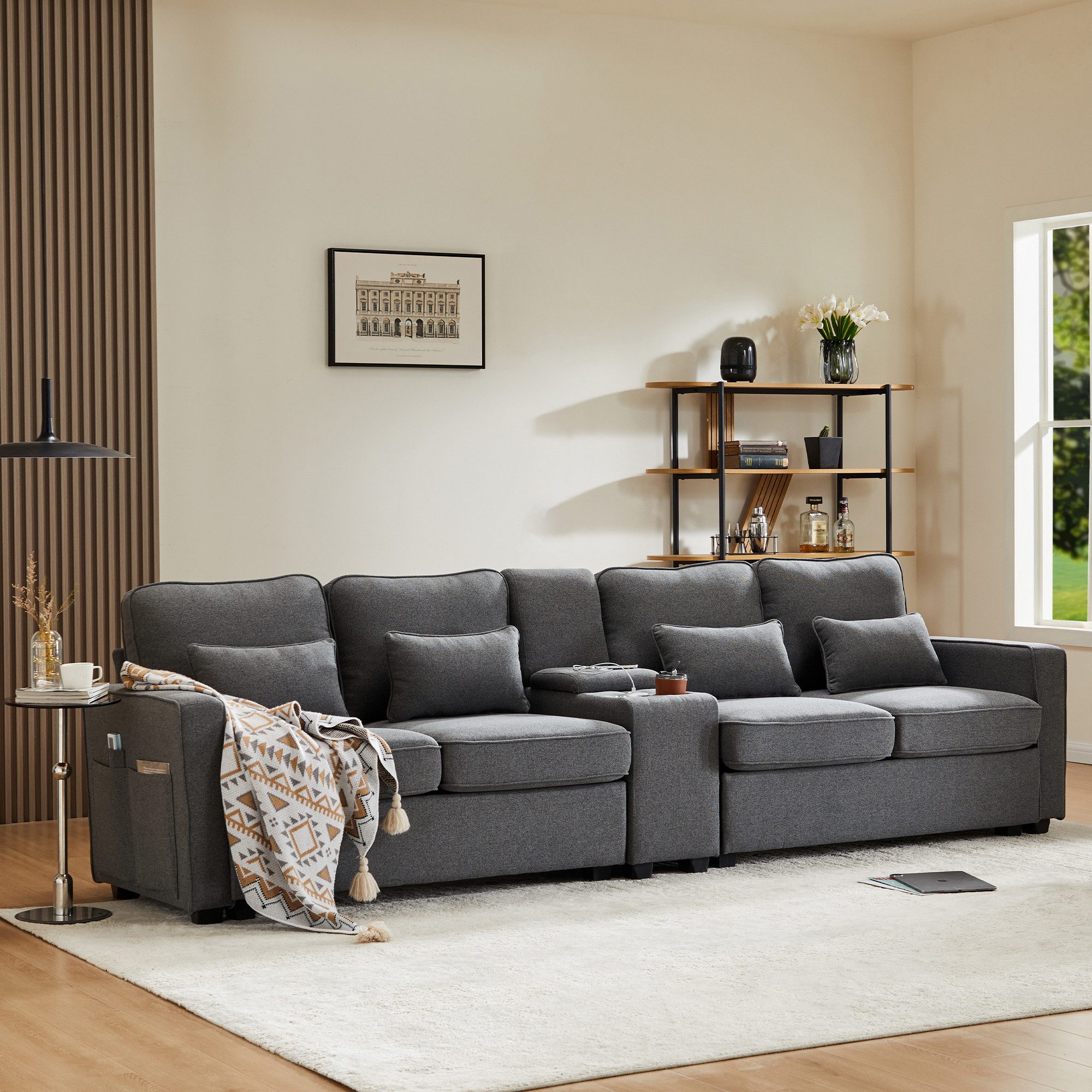 Merax 4-Sitzer mit Seitentaschen und Getränkehälter, XXL-Sofa mit USB, Chaiselounge, Polstermöbel mit Zierkissen