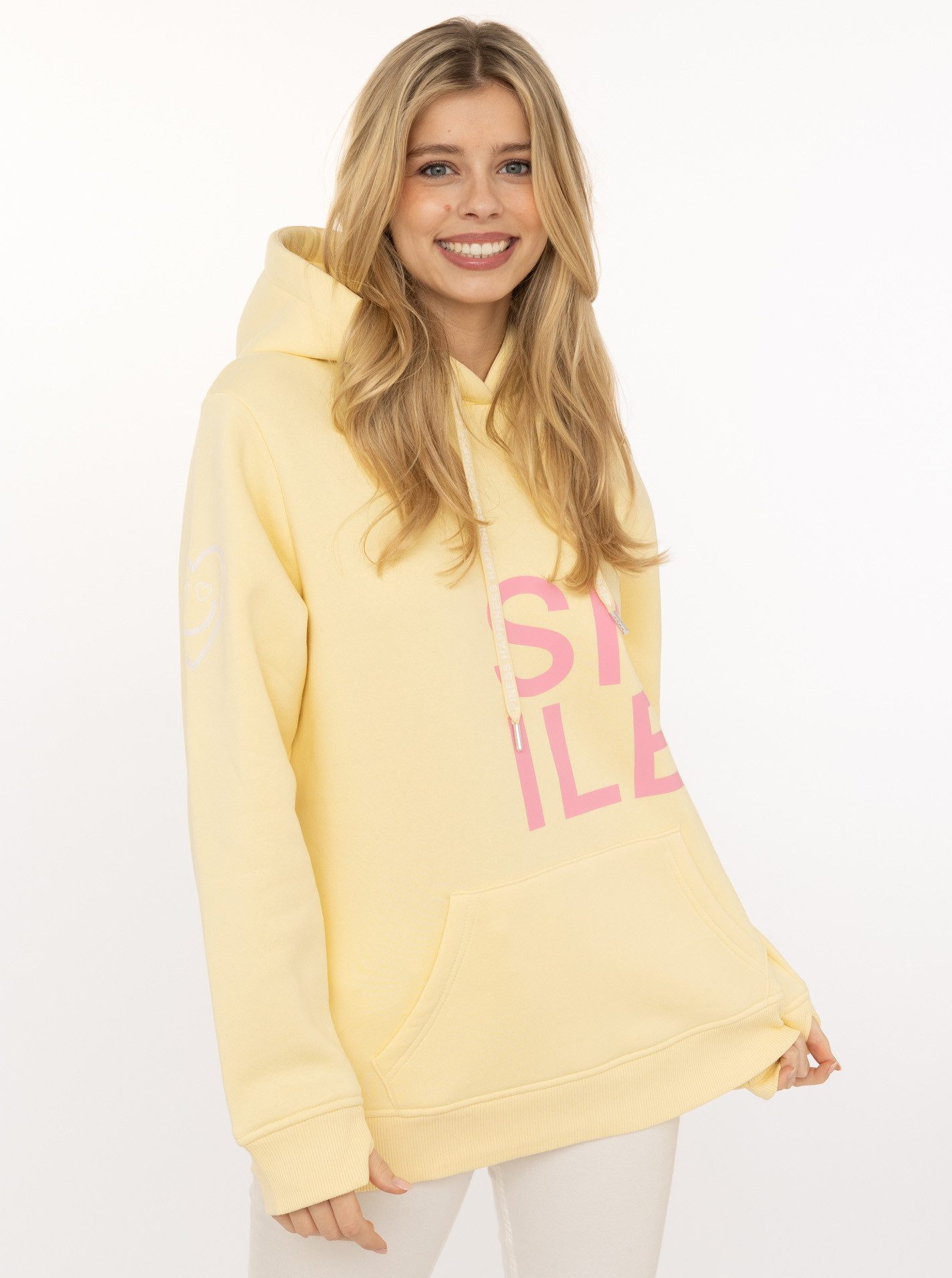 Zwillingsherz Hoodie "Alissa" Langarm, Kapuze, Neon-Details, Kordelzug, Frontprint, Kängurutasche