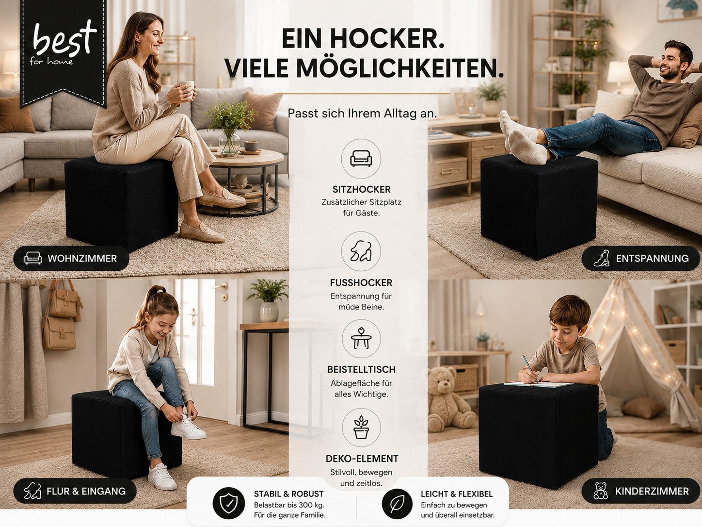 Best for Home Sitzhocker Sitzwürfel 40x40x40 cm – Multifunktionaler Sitzhocker & Fußhocker (Einzelstück, 1 St., verschiedene Farben), Handwerksqualität, pflegel – Bild 3 von 5