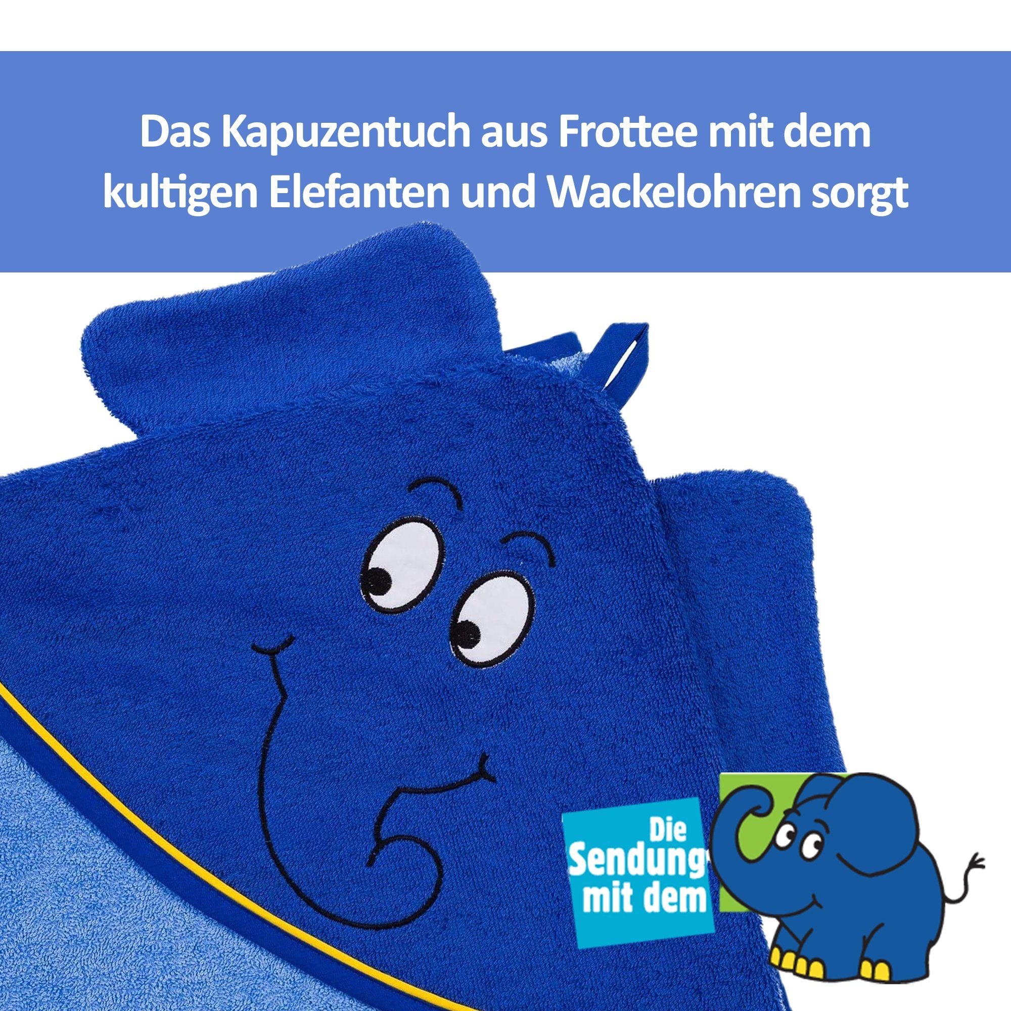 Smithy Handtuch Set Set und mit Kapuzenhandtuch 2-tlg. und Waschhandschuh Waschhandschuh 2-tlg), Kapuzenhandtuch Elefanten, blauen Frottee, dem (Spar-Set, Set aus