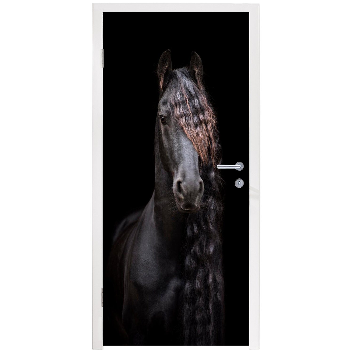 Matt, cm Tiere, Fototapete Tür, (1 St), bedruckt, - - Mähne - Türtapete - MuchoWow 75x205 Friesisch für Pferde Schwarz Türaufkleber,
