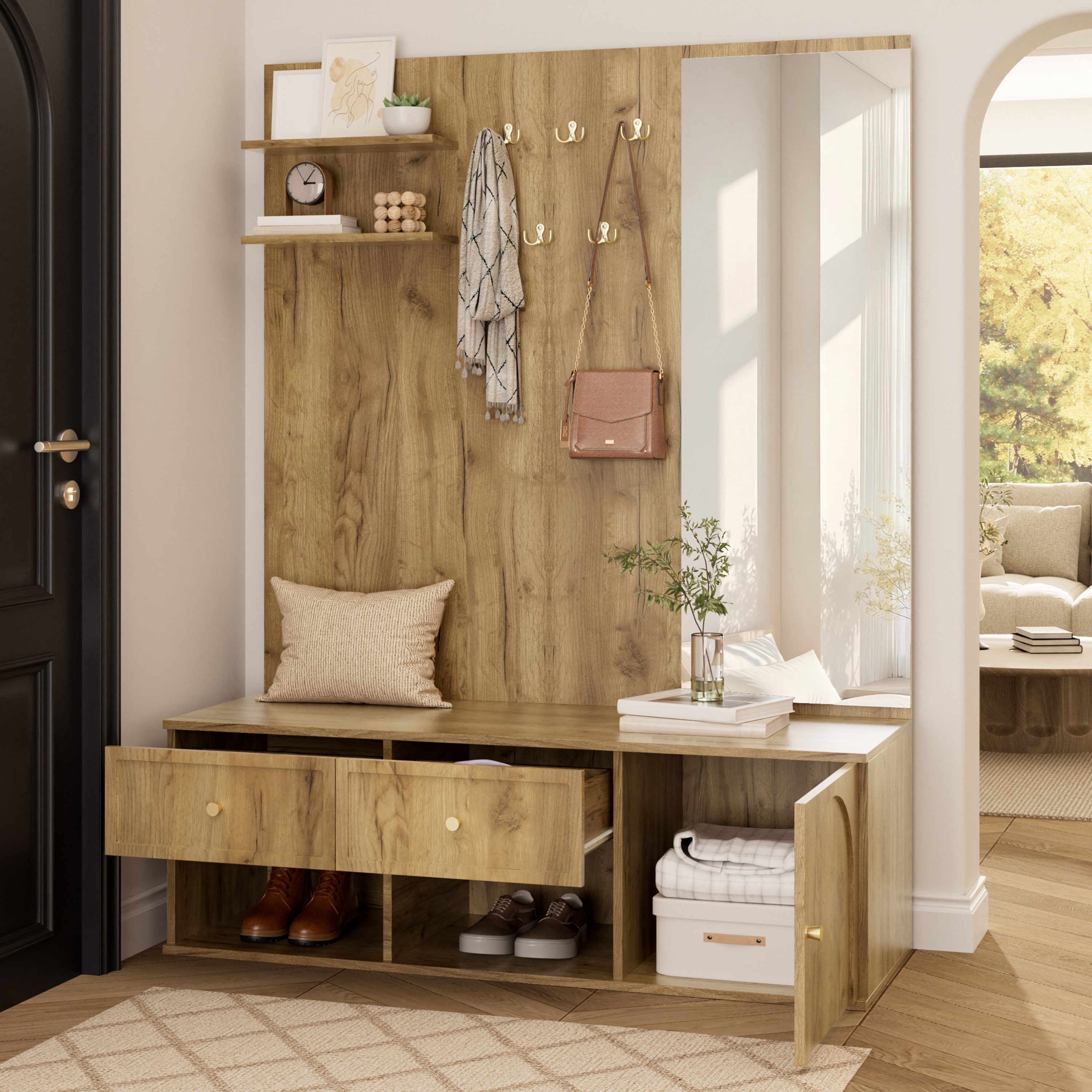 Flieks Garderoben-Set Wandgarderobe mit Schubladen, Schuhregal, Sitzbank, 5 Haken, Spiegel, (B120xT35xH159 cm), Kompaktgarderobe Flurschrank Einganschrank Flurm – Bild 4 von 5